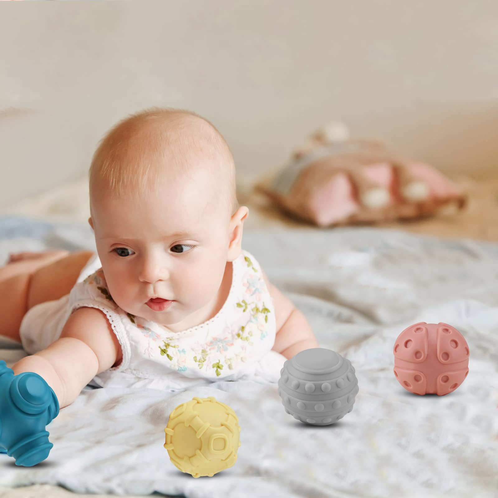 Soft Textured Baby Sensory Balls Set - 4PCS Tactile & Sound Toys for Bath Time, Early Learning & Sensory Exploration - Perfect Gift for Infants 6+ Months - Encourages Motor Skills & Cognitive Development