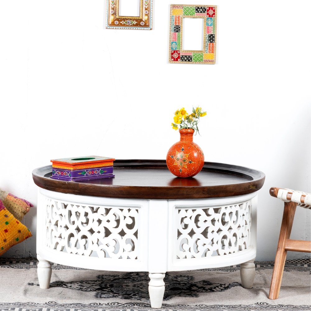 Handmade Carved Mango Wood Round Coffee Table with Intricate Jali Work - White Finish | Rustic Boho Living Room Furniture for Small Spaces & Modern Home Decor