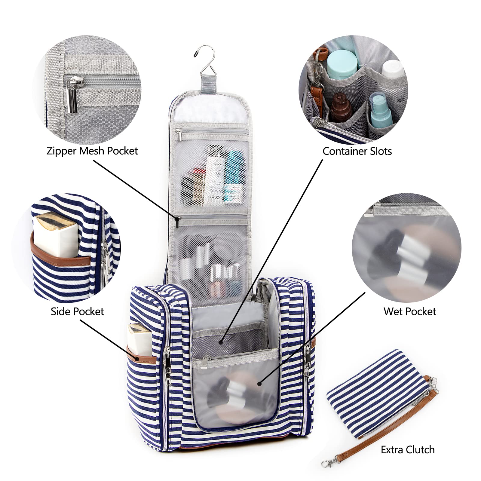 Pearl Angeli Waterproof Hanging Toiletry Bag for Women - Large Travel Cosmetic Organizer with Hooks, Fits Full-Size Bottles - Perfect for Bathroom Storage, Camping & Vacation Travel (Navy Blue)