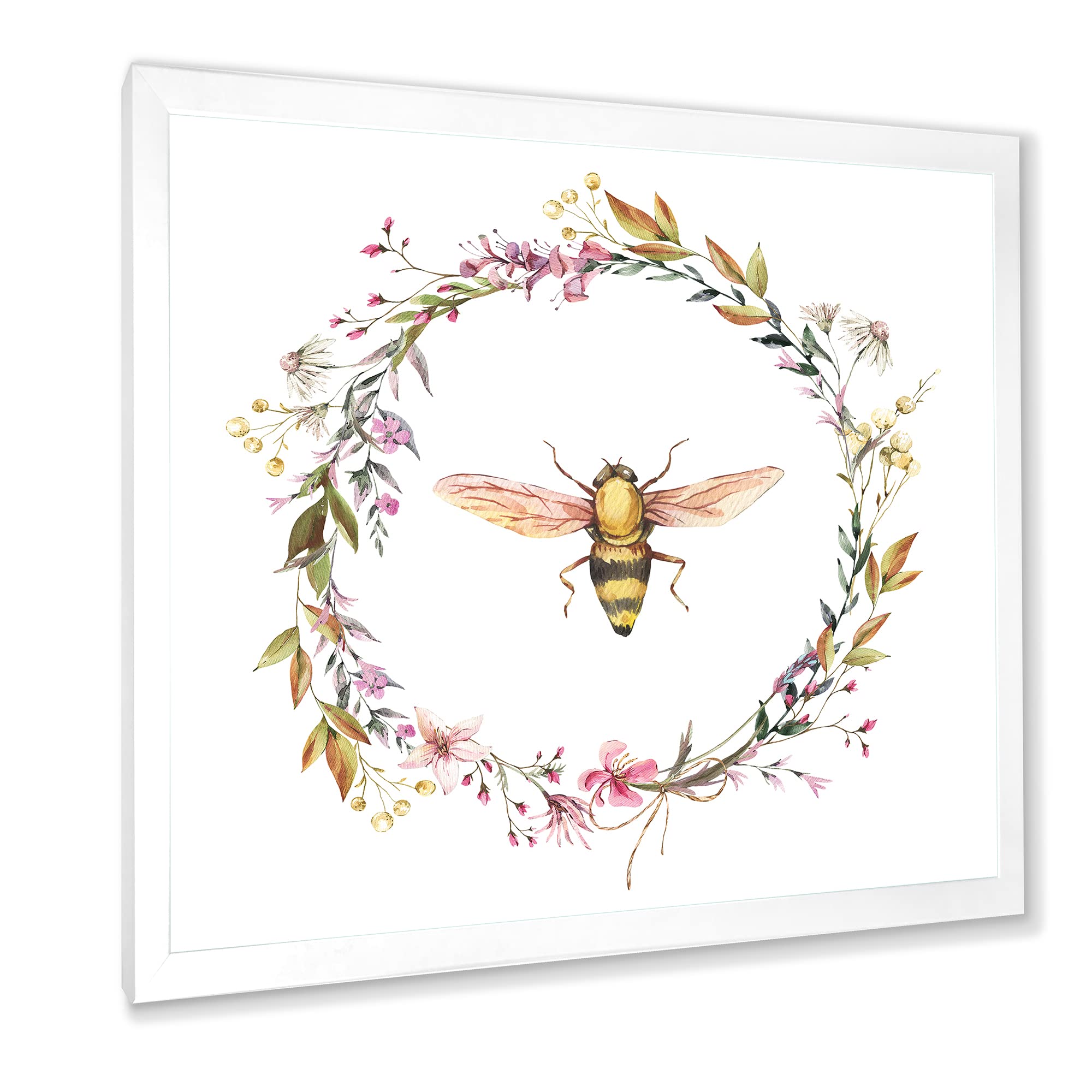 DesignQ Bee In Wildflowers Wreath - Rustic Farmhouse Framed Wall Art Decor for Living Room, Bedroom & Kitchen - Perfect for Home, Office & Gift Giving