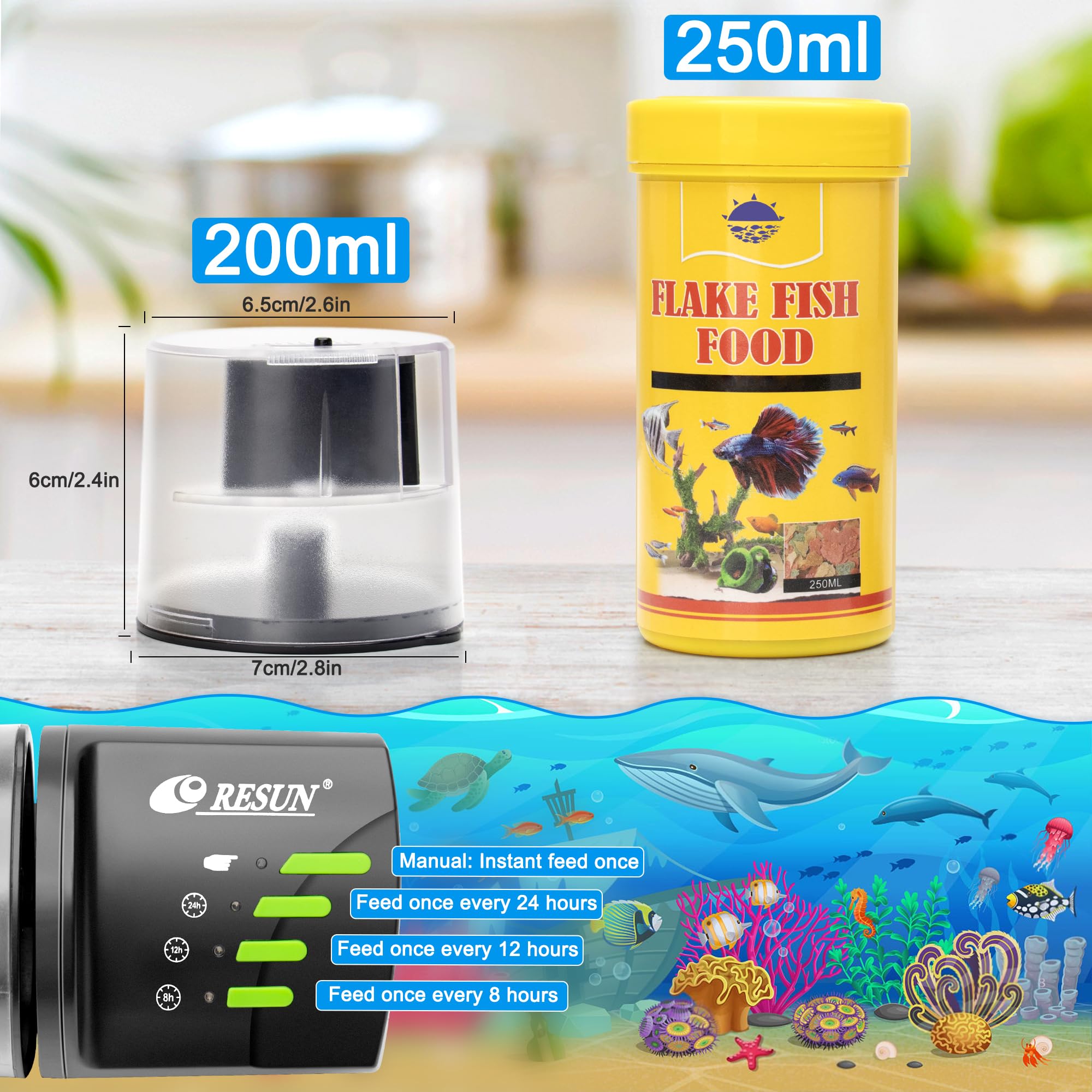 Automatic Fish Feeder for Aquarium - Ycozy Auto Food Dispenser with Timer for Small Fish Tanks, Goldfish, Koi & Turtles - Battery & Plug-in Powered (Resun AF2020) | Perfect for Vacation Feeding & Daily Pet Care