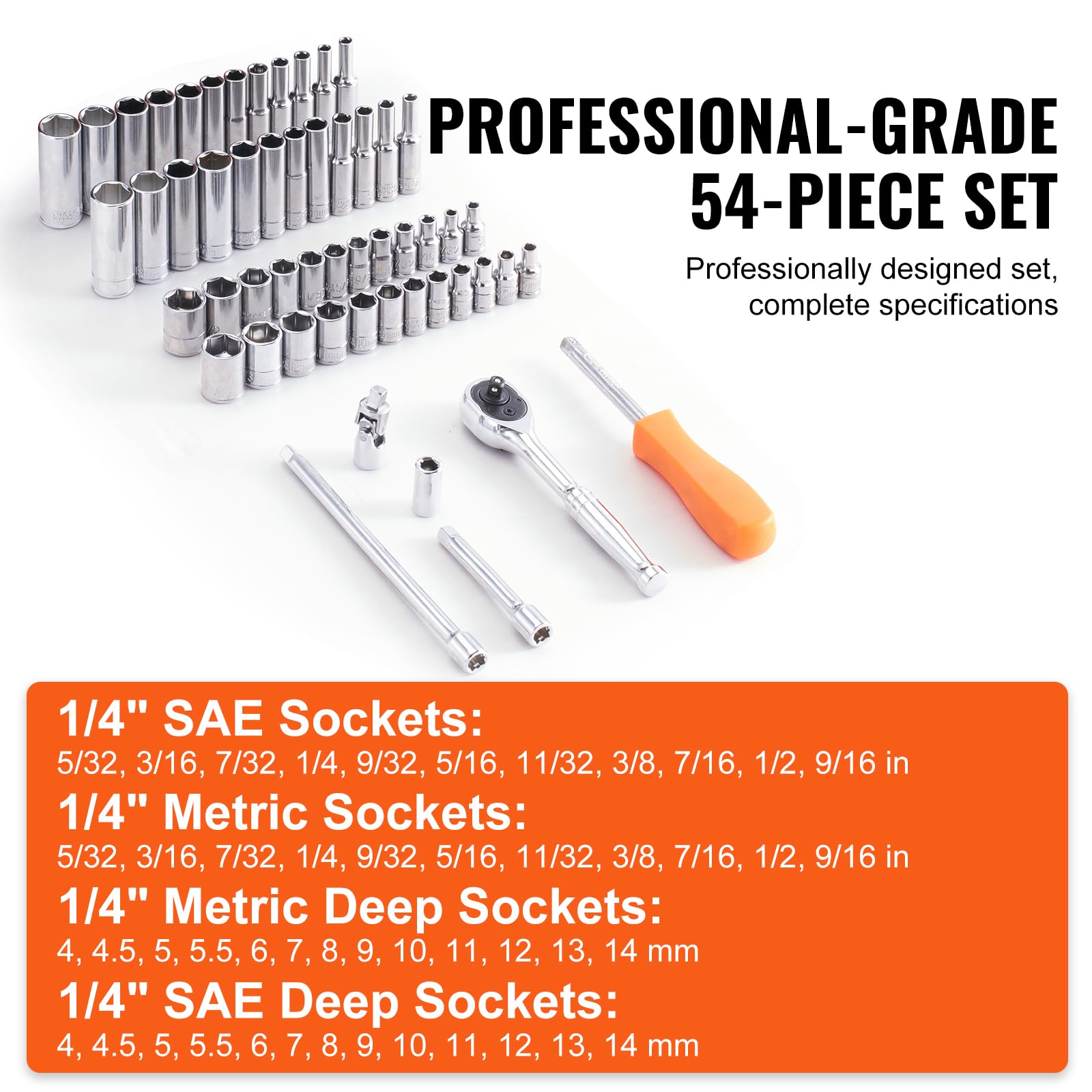 VEVOR 54-Piece 1/4 Inch Drive Socket and Ratchet Set - SAE & Metric 6-Point Deep/Standard Sockets (5/32-9/16 in, 4-14 mm) with Accessories & Storage Case - Perfect for Automotive Repair, DIY Projects, and Home Maintenance