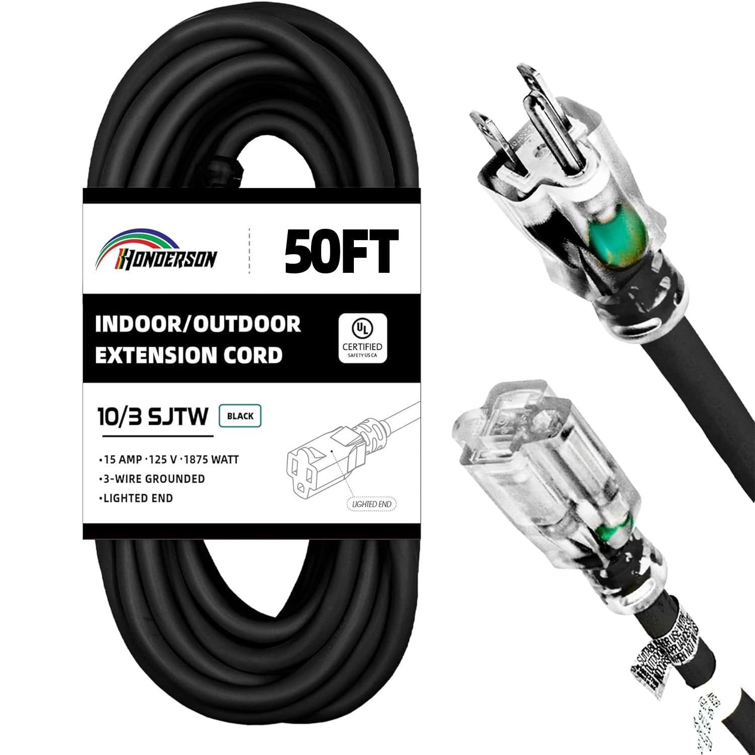 Heavy Duty 50FT 10/3 SJTW Outdoor Extension Cord - 10 Gauge 3 Prong Weatherproof Power Cord with Lighted End, UL Listed for Outdoor Lights, Lawn Equipment & Garden Tools - Perfect for Patio Lighting, Power Tools & Holiday Decorations