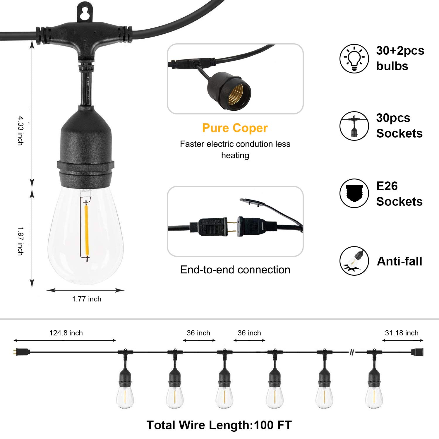 ZOTOYI 100FT Outdoor String Lights - Waterproof IP65 LED Patio Lights with 32 S14 Shatterproof Bulbs (2 Spare), Commercial Grade Heavy-Duty for Outside, Bistro, Cafe, Backyard - 2700K Warm White for Romantic Ambiance & Outdoor Decor