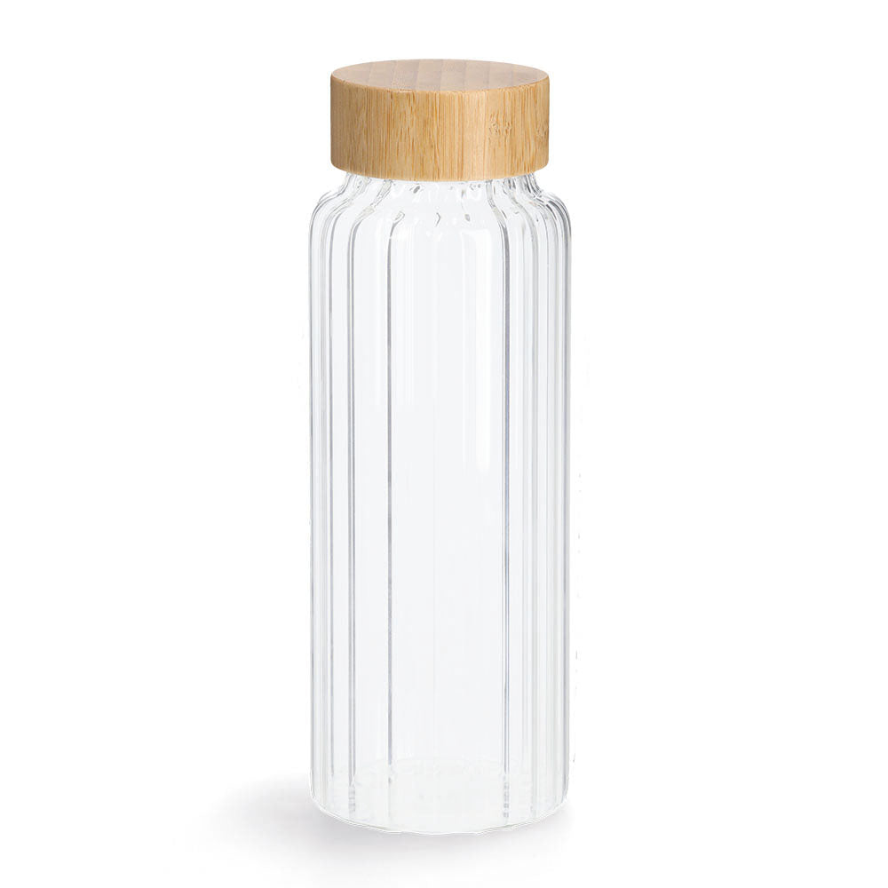 Eco-Friendly 1000ml Glass Water Bottle with Bamboo Lid - Ribbed Design for Easy Grip - Perfect for Gym, Hiking & Office Hydration