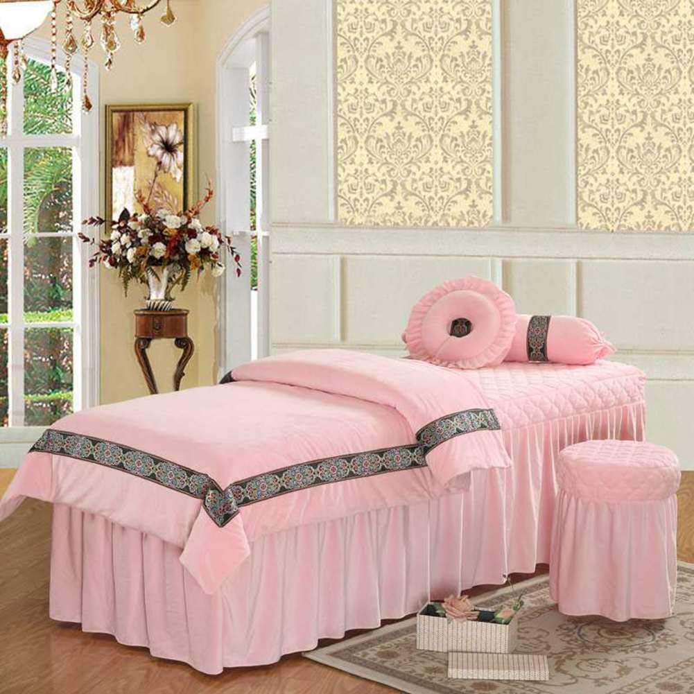 Luxury Plush Velvet Massage Table Sheets Set - 4-Piece European Style Bed Cover with Face Rest Hole for Spa & Salon - Pink 70x190cm (28x75inch) - Perfect for Professional Massage Therapy, Facial Treatments, and Home Relaxation