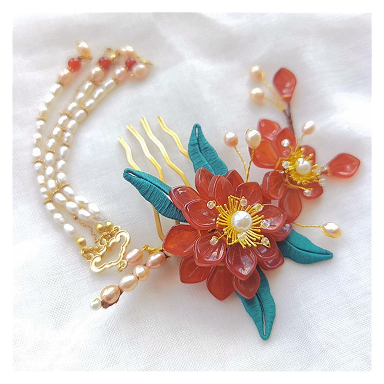 Vintage Pearl Flower Hair Comb - Retro Glazed Hairpin with Tassel for Women, Hanfu Headdress Accessory (14x9cm) - Perfect for Weddings, Cosplay & Traditional Chinese Costume Styling