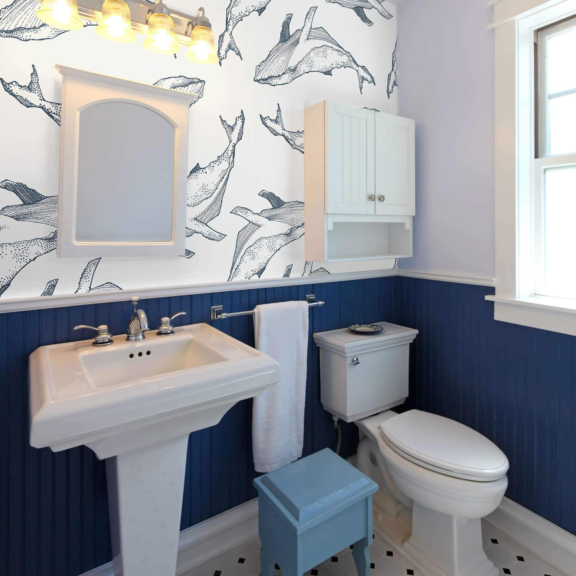 Navy Blue Fish Nautical Peel and Stick Removable Wallpaper - Self-Adhesive Waterproof Wall Decal for Bathroom, Nursery, Kitchen & Home Decor