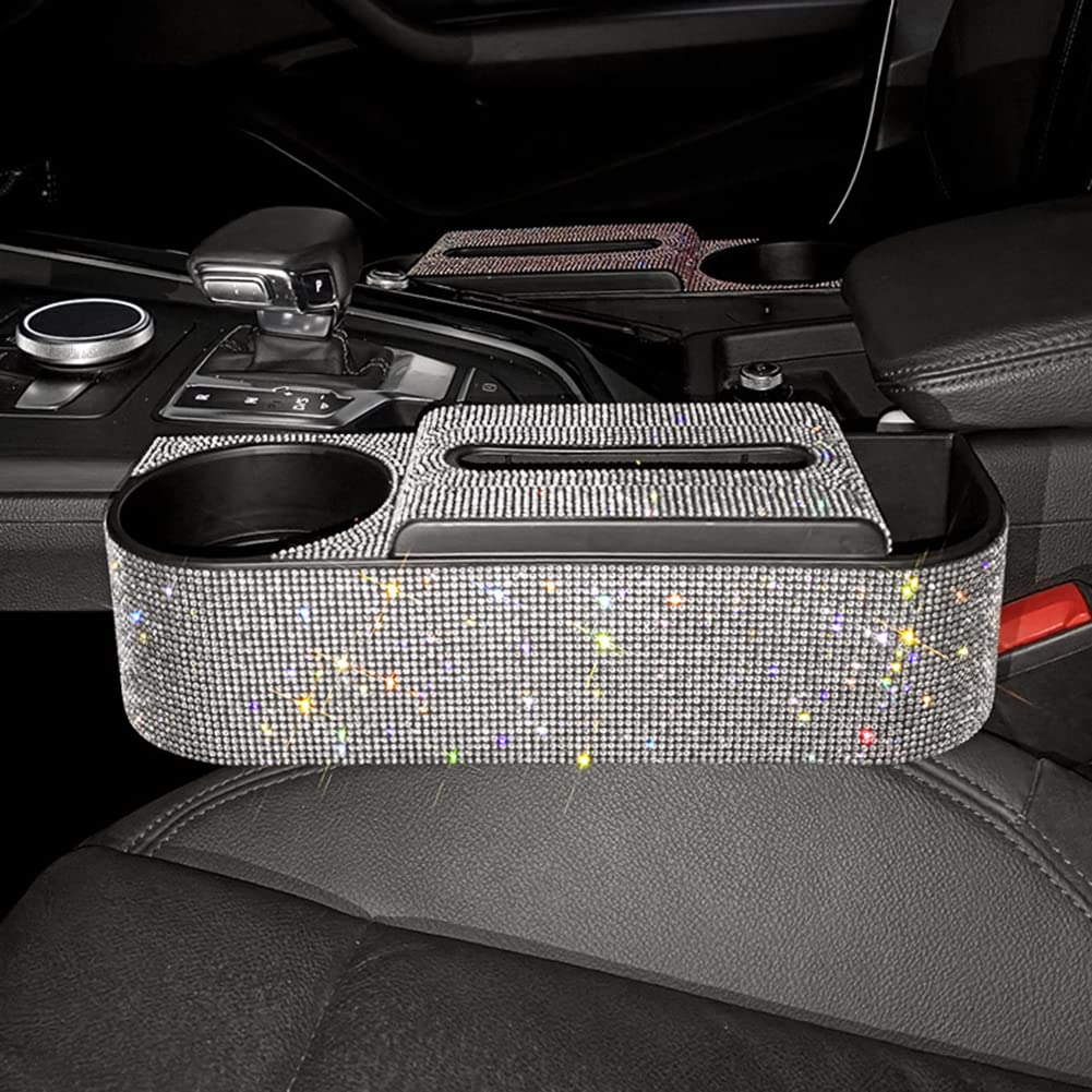 3-in-1 Multifunctional Car Seat Gap Organizer with Rhinestone Tissue Holder & Cup Storage | White Car Accessories for Small Item Organization | Perfect for Sedans, SUVs and Road Trips