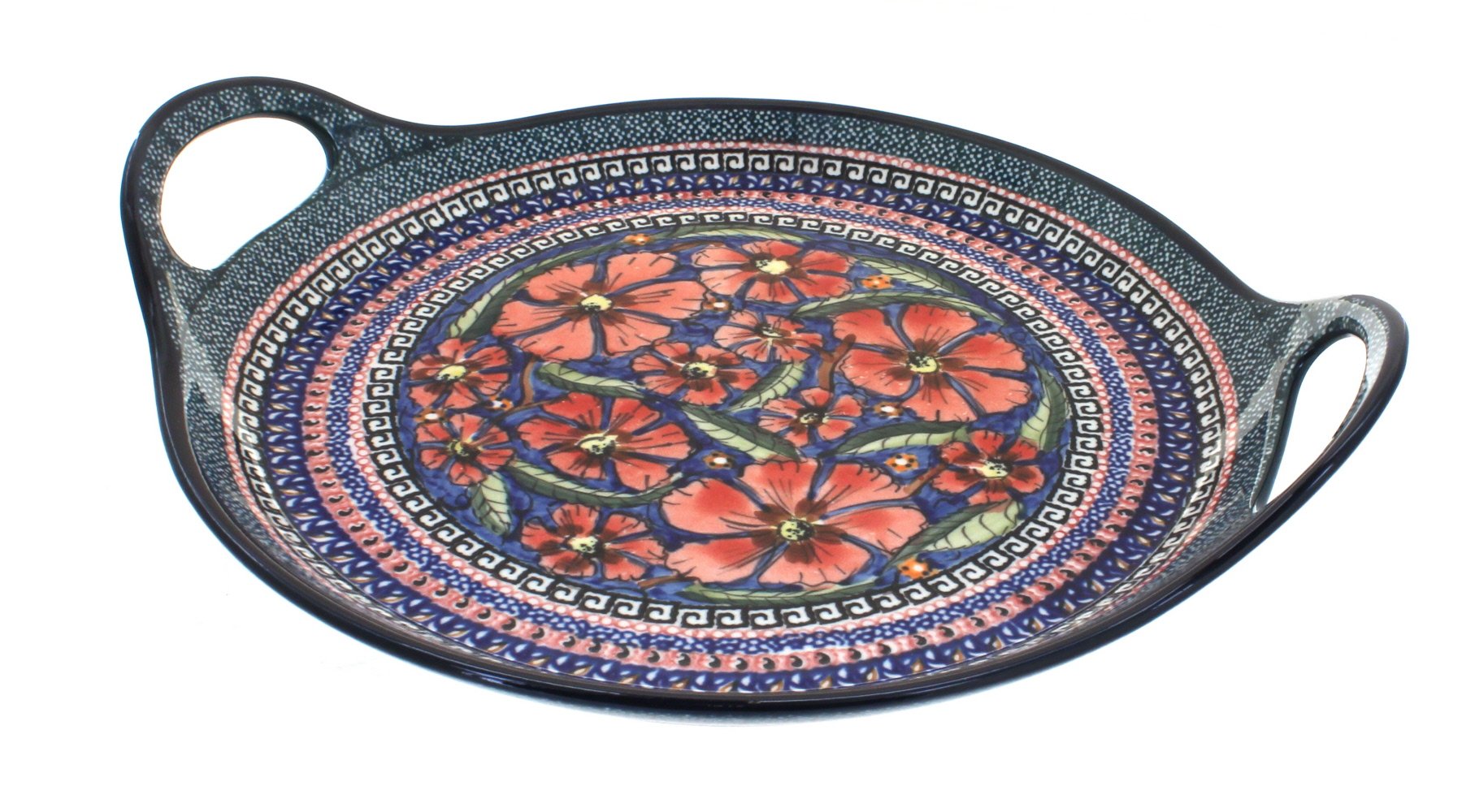 Handmade Blue Rose Polish Pottery Jungle Flower Round Serving Tray with Handles - Elegant Home Decor for Dining, Tea Parties & Gift Giving
