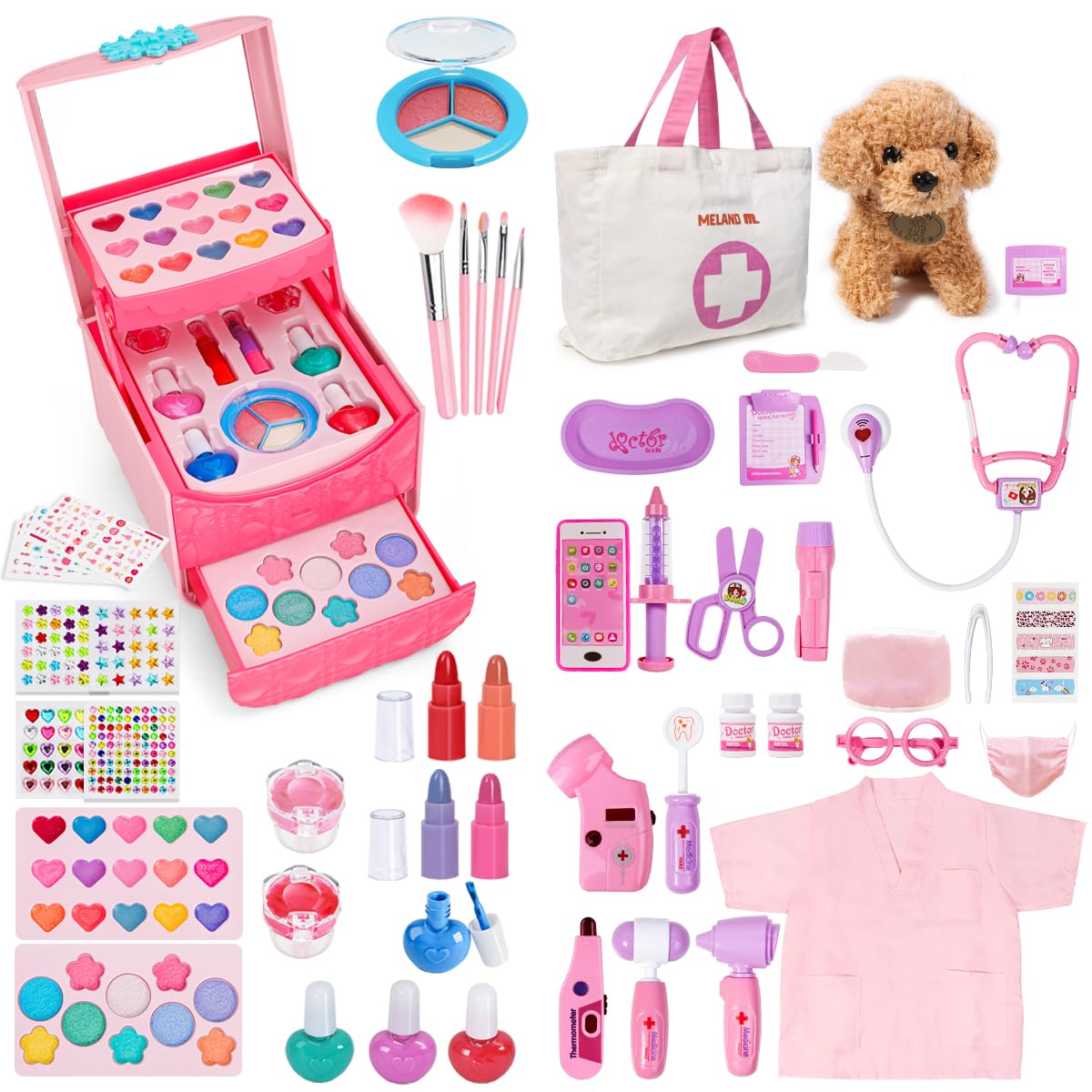 Meland Doctor Pretend Play Toy Set for Girls - Realistic Makeup Kit with Medical Tools, Kids Role Play Costume & Accessories | Perfect for Birthday Gifts, Preschool Learning & Imaginative Play