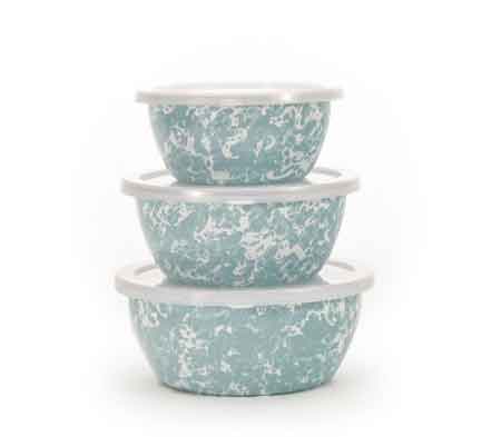 Sea Glass Swirl Enamelware Nesting Bowl Set of 3 - Colorful Mixing, Serving & Decor Bowls for Kitchen, Dining & Home Decor