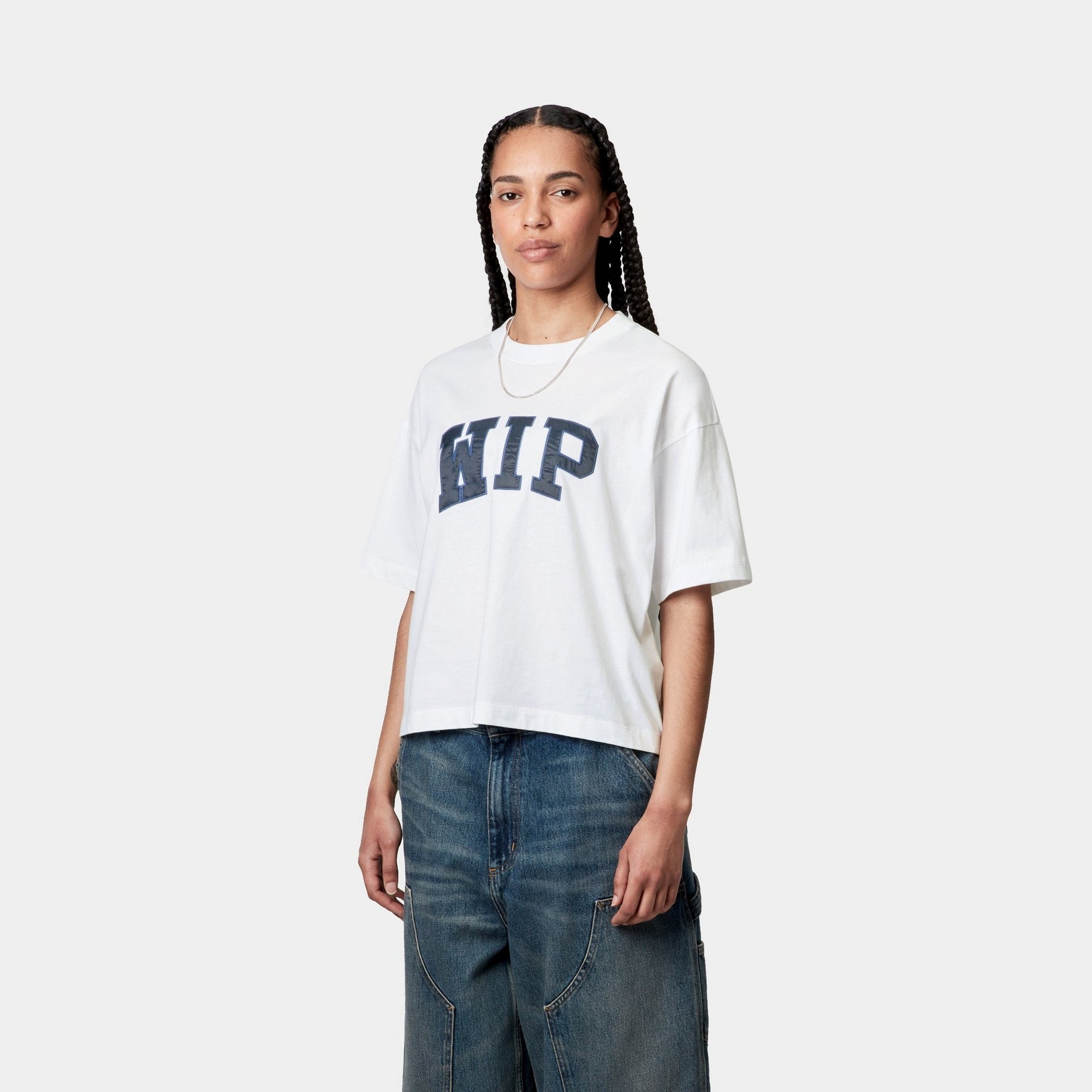 Women's WIP T-Shirt - Soft Cotton Crewneck Tee in White & Dusky Blue | Casual Everyday Wear, Street Style Outfits & Layering Essential