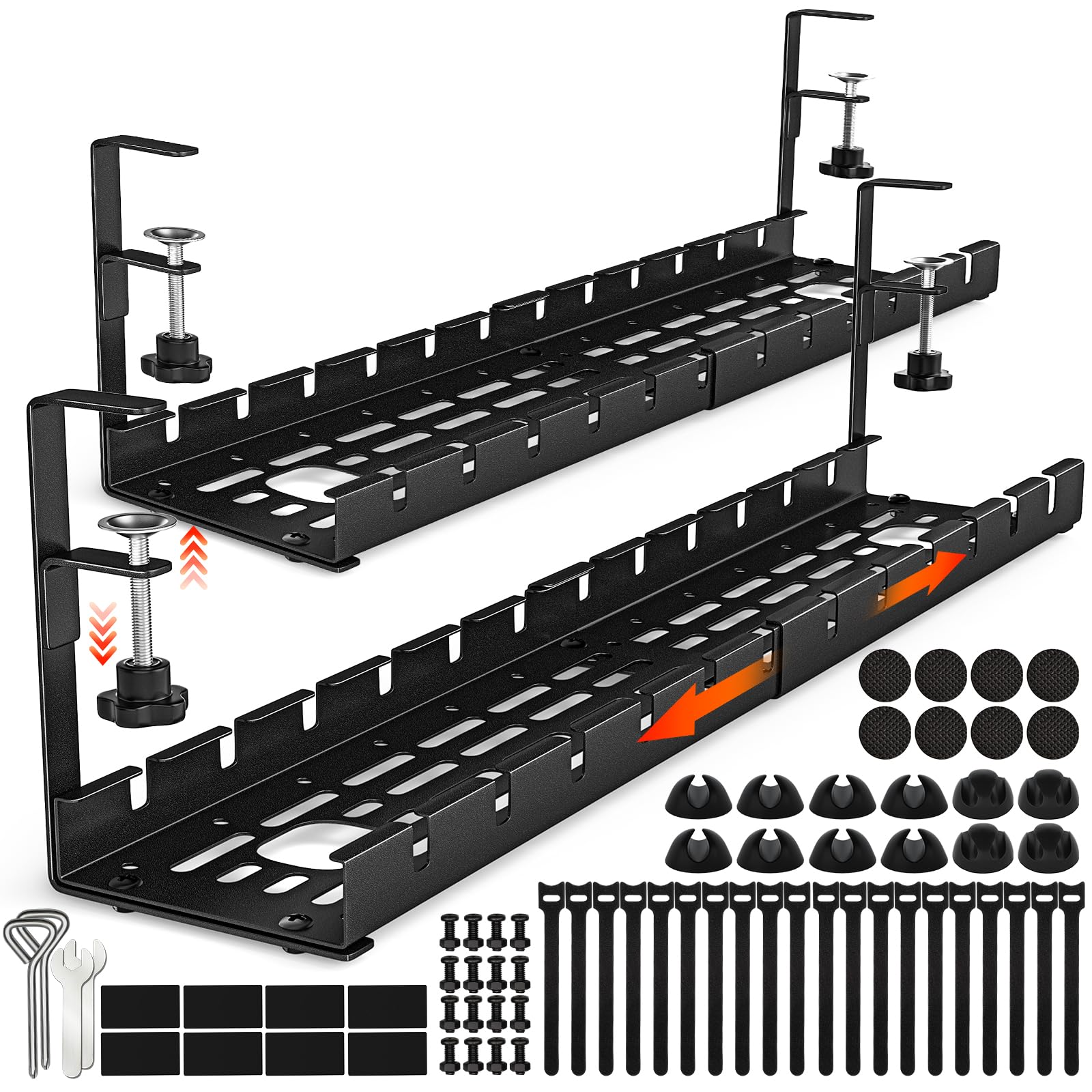Shikha 2 Pack Under Desk Cable Management Tray - 15.7 to 31 Inch Adjustable Retractable Cord Organizer with Clamp, No Drilling Wire Management System for Home Office & Workspace - Perfect for Computer, Monitor & TV Cable Organization