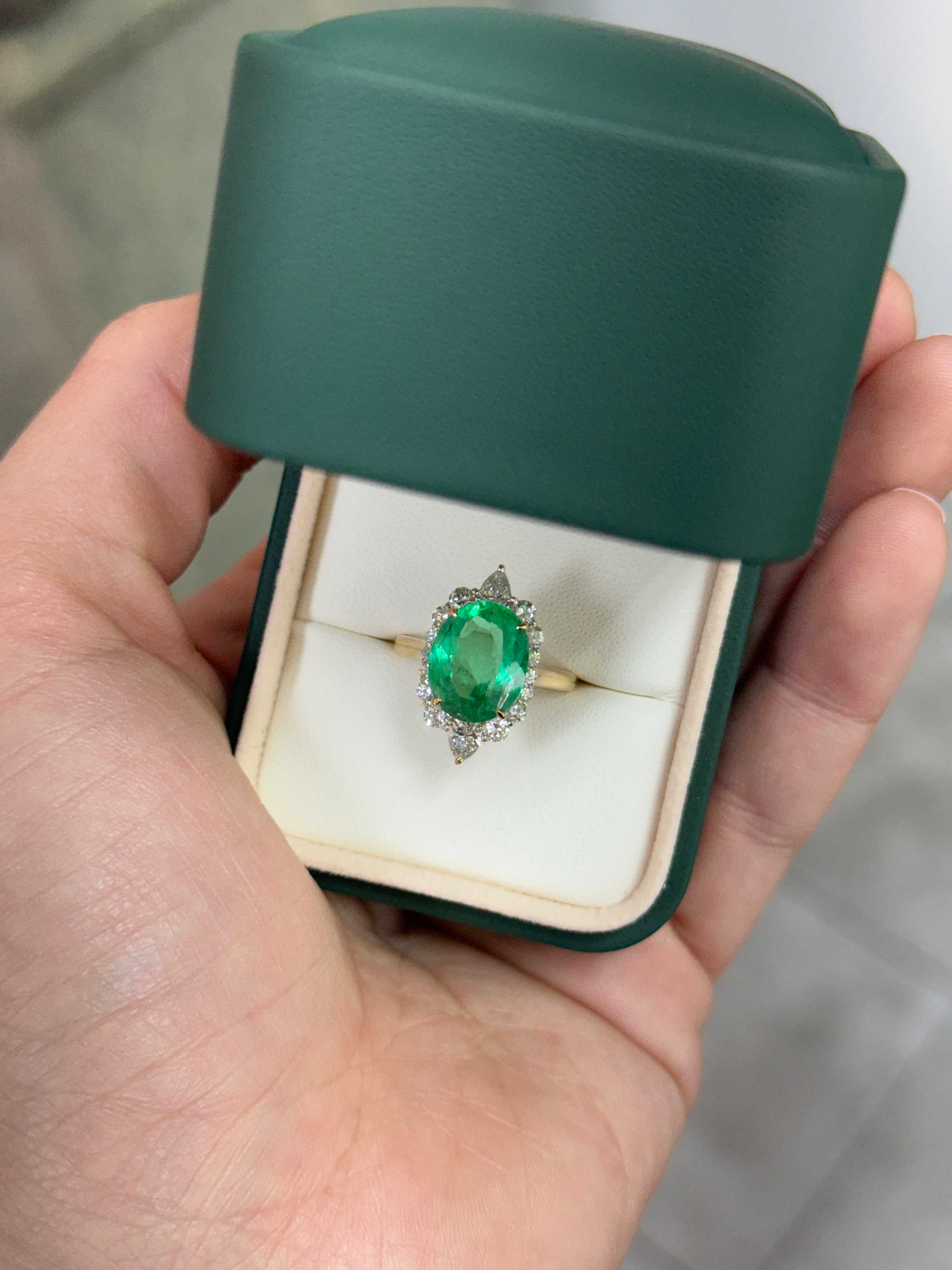 4.55tcw 18K Gold Natural Oval Emerald & Diamond Halo Engagement Ring for Women - Elegant Wedding, Proposal, Anniversary Gift Idea