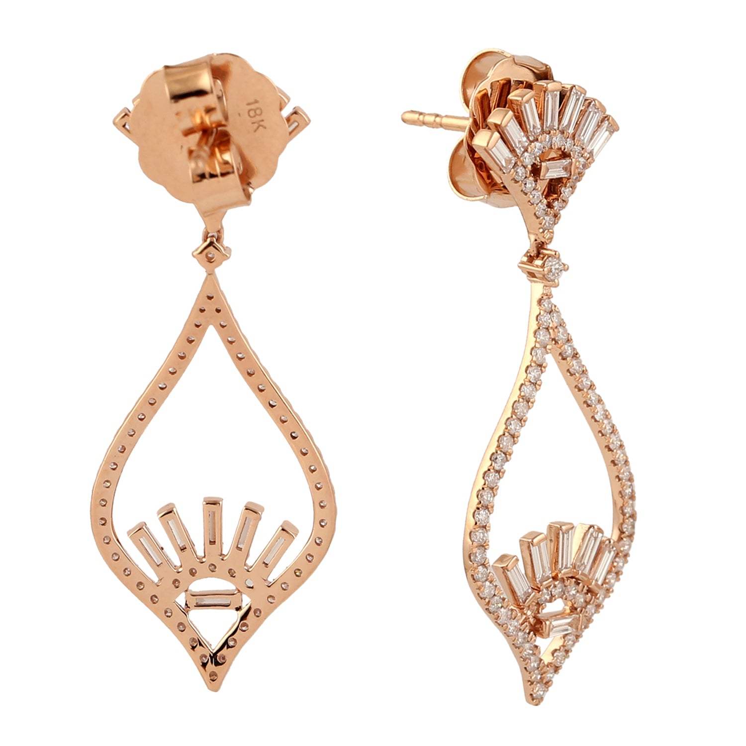 18K Rose Gold Baguette Cut Diamond Leaf Design Dangle Earrings - Perfect for Weddings, Parties & Elegant Evening Events