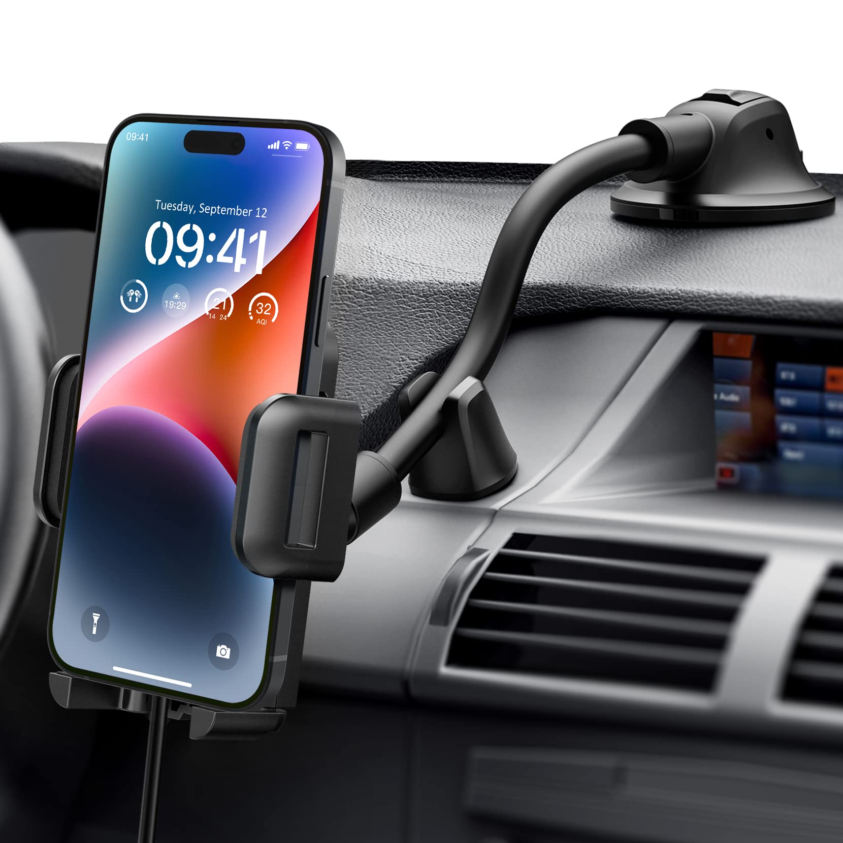VSSMSSA Universal Car Phone Mount Holder - Adjustable Long Gooseneck Dashboard & Windshield Phone Stand with Strong Sticky Gel Suction Cup - Compatible with iPhone 15/14/13/12/11, Samsung Galaxy S23/S22 (4.5-6.9 inch Smartphones) - Perfect for GPS Navigation, Hands-Free Calling & Road Trips