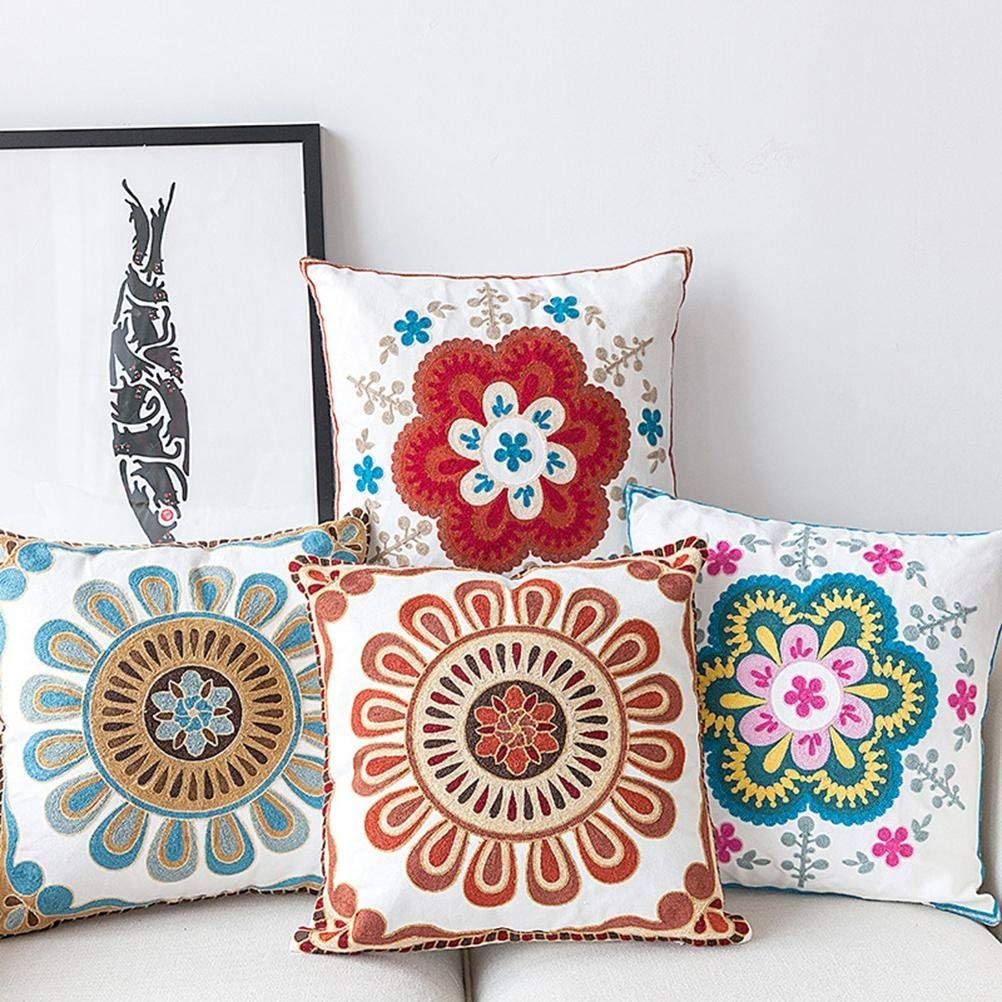 Handmade Bohemian Flower Embroidered Cushion Cover Set of 2 - 18x18 Inch (45x45cm) Blue Floral Pillow Covers for Sofa, Bed, Car & Home Decor - Perfect Housewarming Gift & Boho Chic Decoration