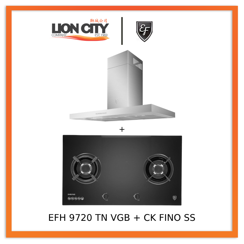 EF 90cm Stainless Steel Chimney Hood CK Fino with EFH 9720 TN VGB Glass Hob - Modern Kitchen Ventilation for Home Cooking & Baking