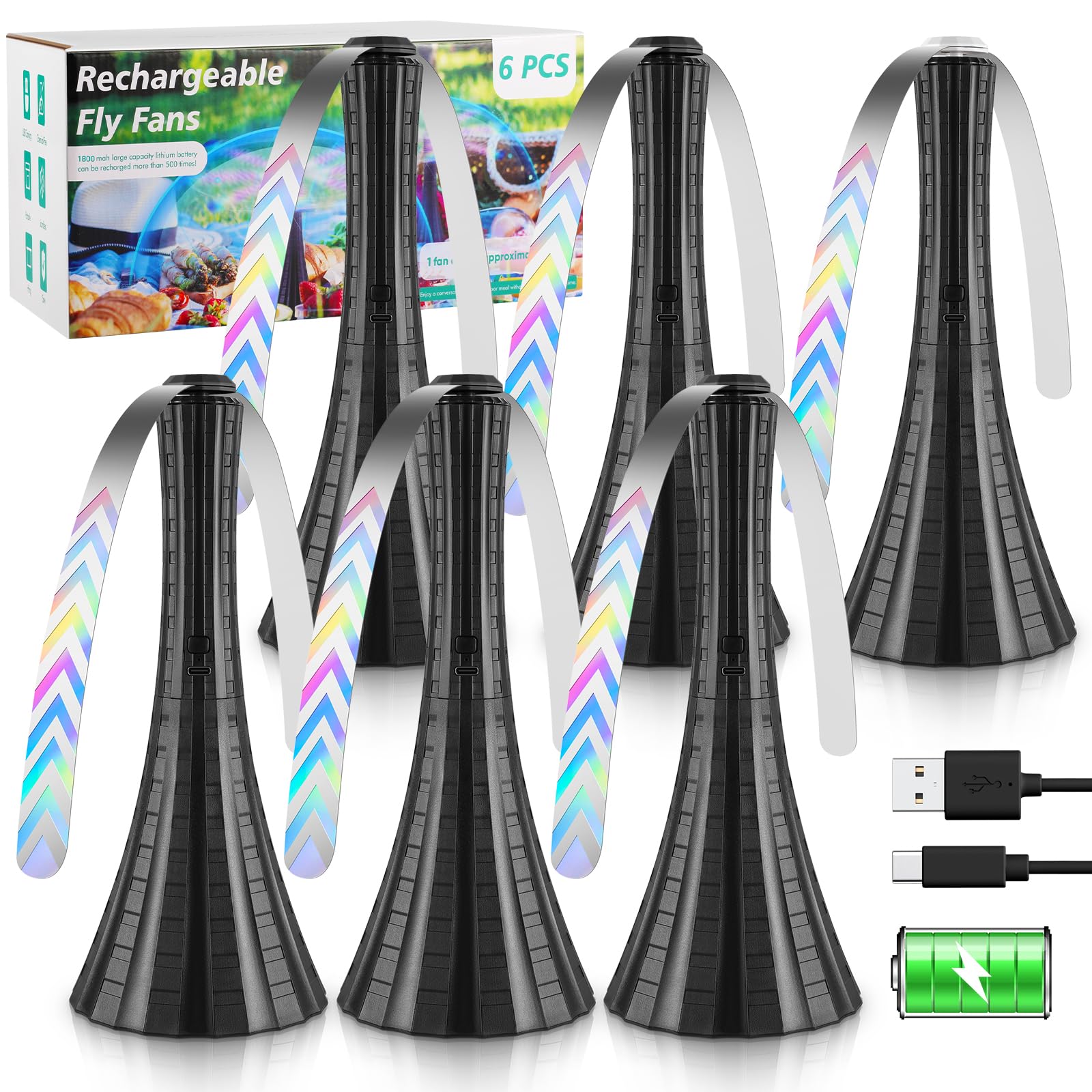Rechargeable USB Fly Repellent Fan for Outdoor Tables - 6PCS Black Soft Blade Food Fan for Camping, Picnic, Fishing & Patio - Keep Flies Away with Gentle Breeze | Perfect for Outdoor Dining, BBQ & Summer Gatherings
