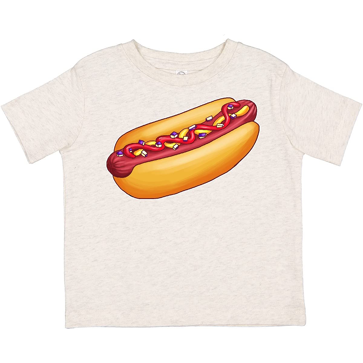 Inktastic Hot Dog Graphic Toddler T-Shirt with Mustard Onions & Ketchup Print - Cute Foodie Outfit for Boys Girls Playdates & Family BBQ Events