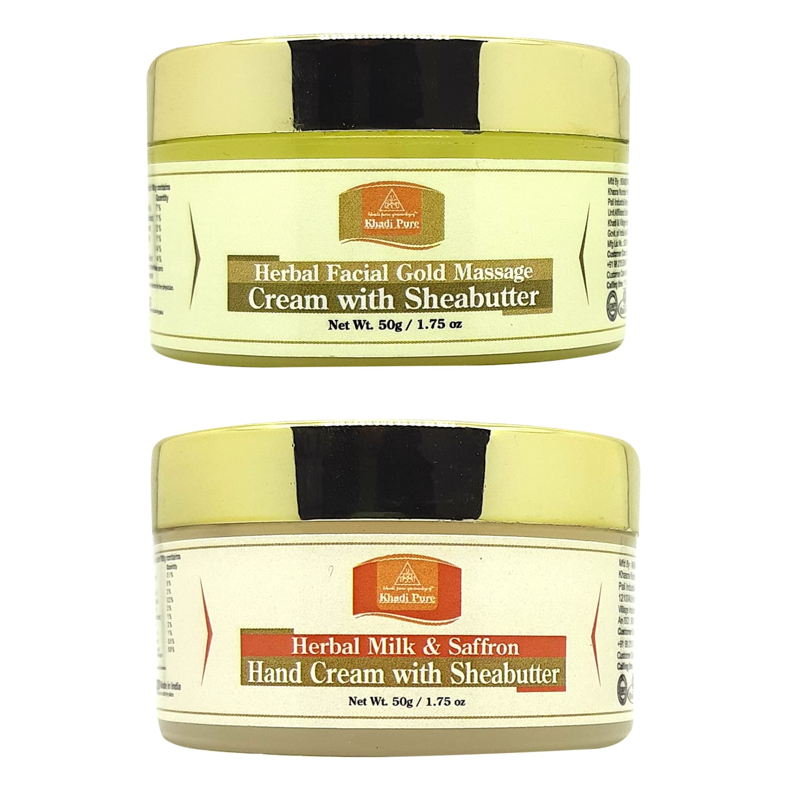Khadi Pure Gold Facial Massage Cream & Saffron Milk Herbal Hand Cream Duo - 50g Each (Pack of 2) | Natural Ayurvedic Skincare for Glowing Skin & Soft Hands | Perfect for Daily Moisturizing & Spa Treatments
