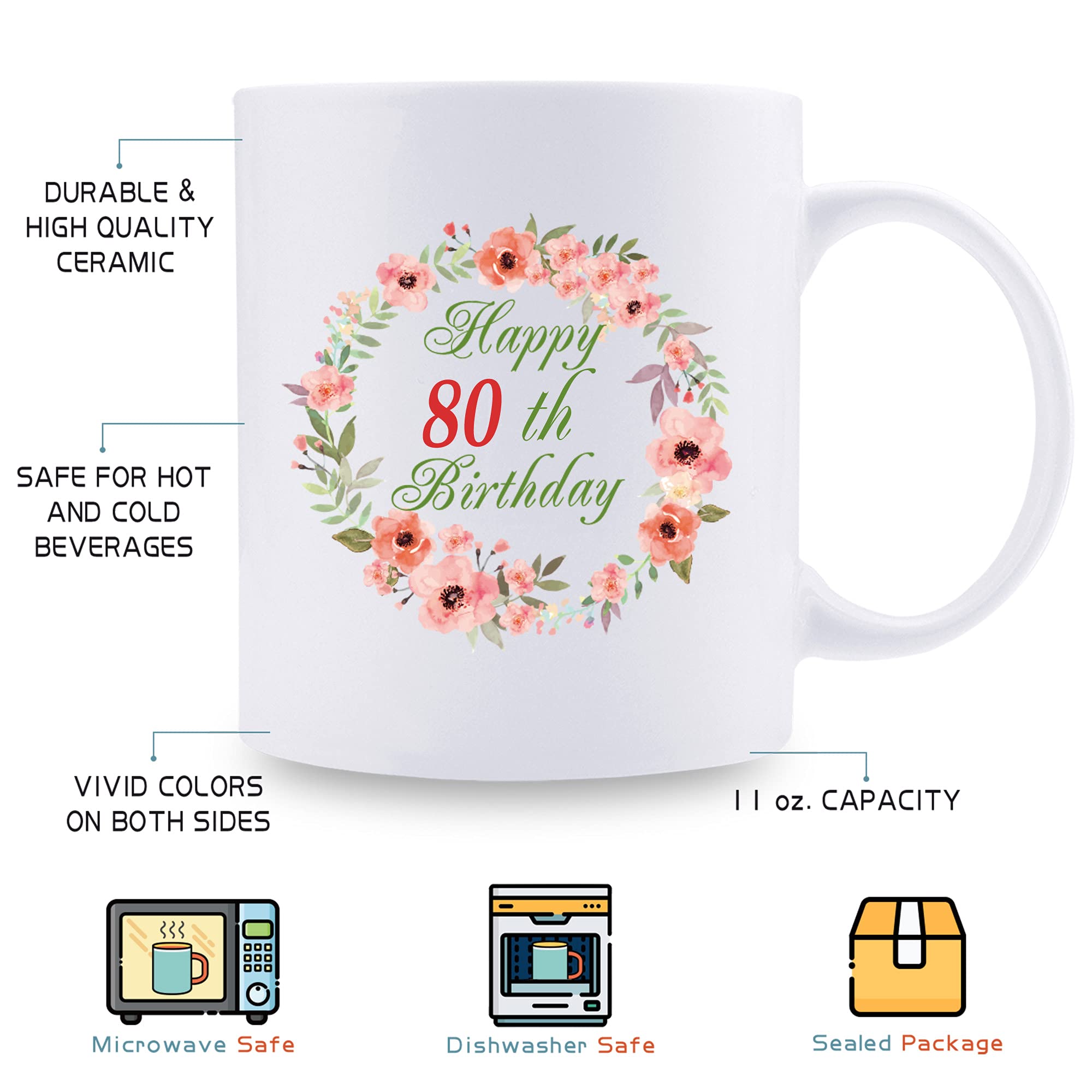 80th Birthday Gifts for Women - 11 oz Ceramic Coffee Mug with Floral Garland Design - Perfect Present for Grandma, Mom, Sister, Wife, Friend - Ideal for Celebrating Milestone Birthdays, Tea Time & Special Occasions