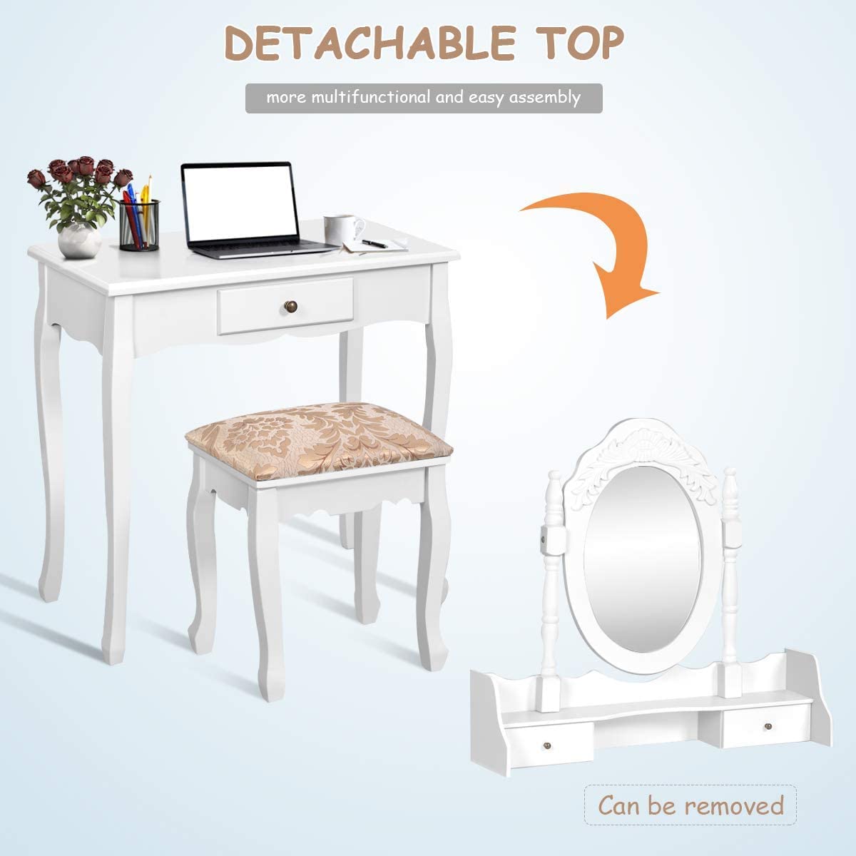 Byroce Vanity Desk Set with Oval Mirror & Cushioned Stool - White Makeup Dressing Table with 3 Drawers for Women & Girls | Perfect for Bedroom, Dorm Room, and Beauty Salon Decor