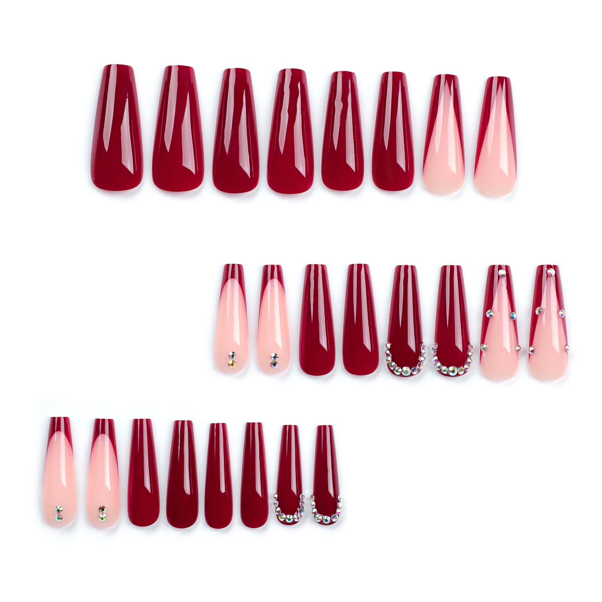 IMSOHOT 24 Pcs Coffin Long Press on Nails - Red French Tip Fake Nails with Rhinestone Designs, Full Cover Glue on Acrylic Ballerina Nails Kit for Women | Perfect for Parties, Weddings & Special Occasions