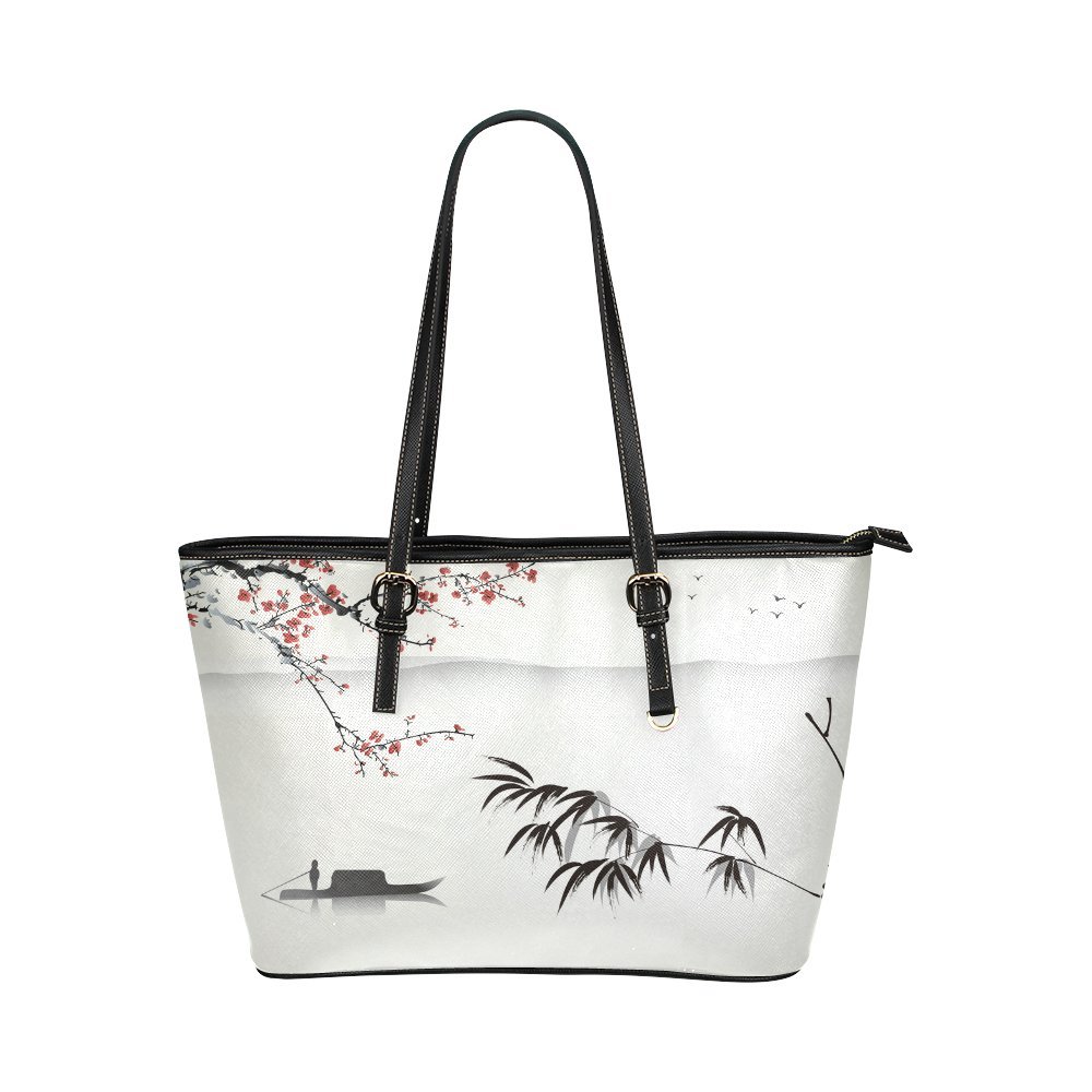 Abstract Oriental Chinese Ink Wash Painting Leather Tote Bag for Women - Stylish Shoulder Handbag with Artistic Design | Perfect for Work, Travel & Daily Use