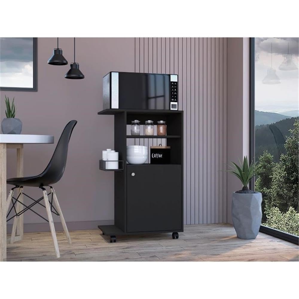 TUHOME Black Engineered Wood Kitchen Cart with Clip - Rolling Kitchen Island for Small Spaces, Storage & Prep Station for Home, Apartment, Dorm