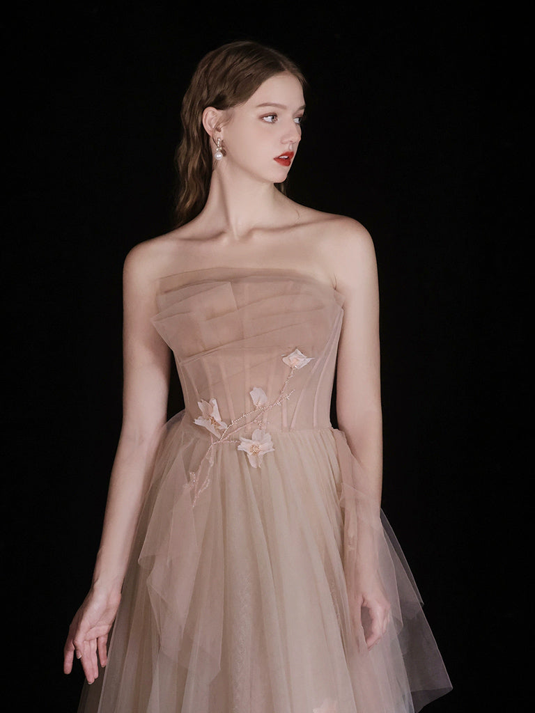 Elegant Champagne A-Line Tulle Long Prom Dress for Women - Formal Evening Gown for Homecoming, Ball & Special Occasions