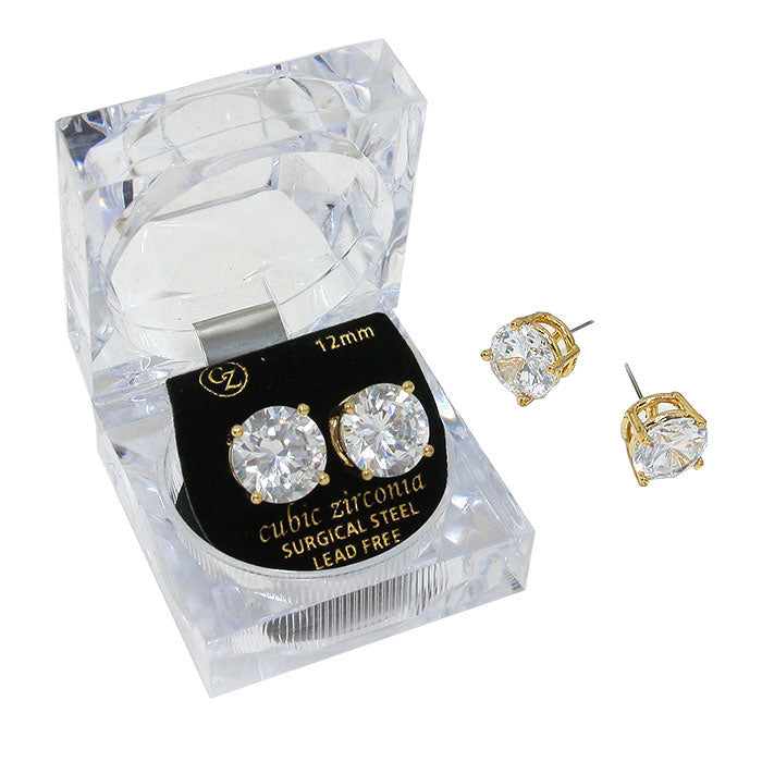 12mm Round Cut Crystal Cubic Zirconia CZ Stud Earrings - Sparkling Clear Gemstone Jewelry for Women - Perfect for Weddings, Parties & Everyday Elegance