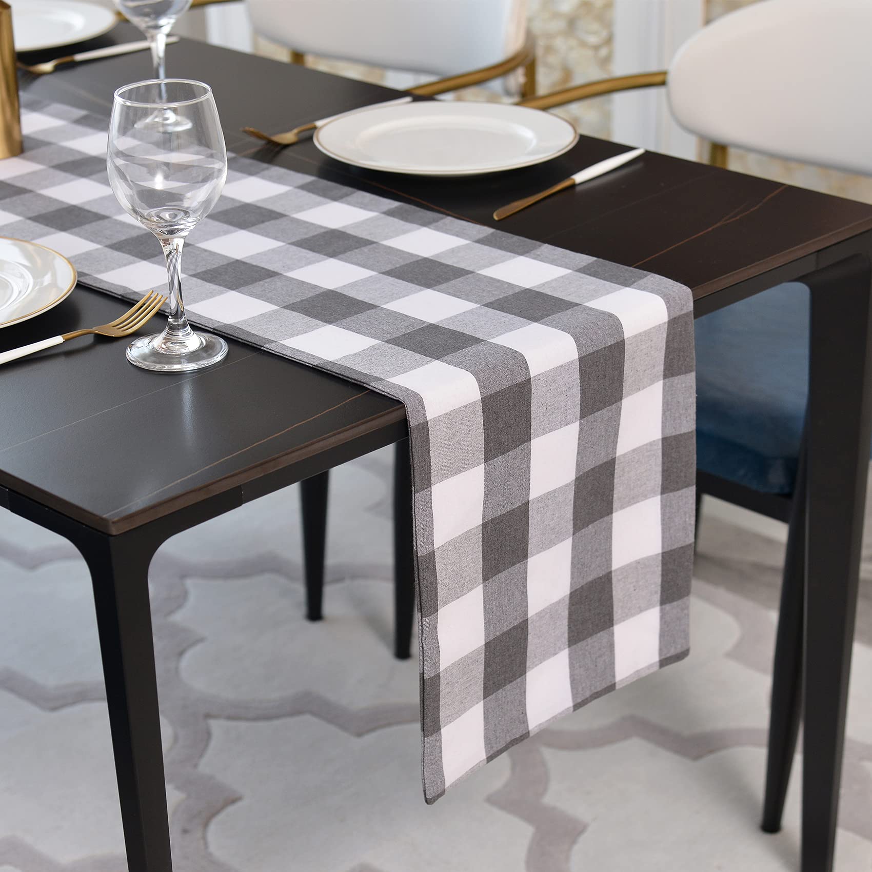 Buffalo Check Table Runner - Grey & White 2-Sided Cotton Tablecloth (12