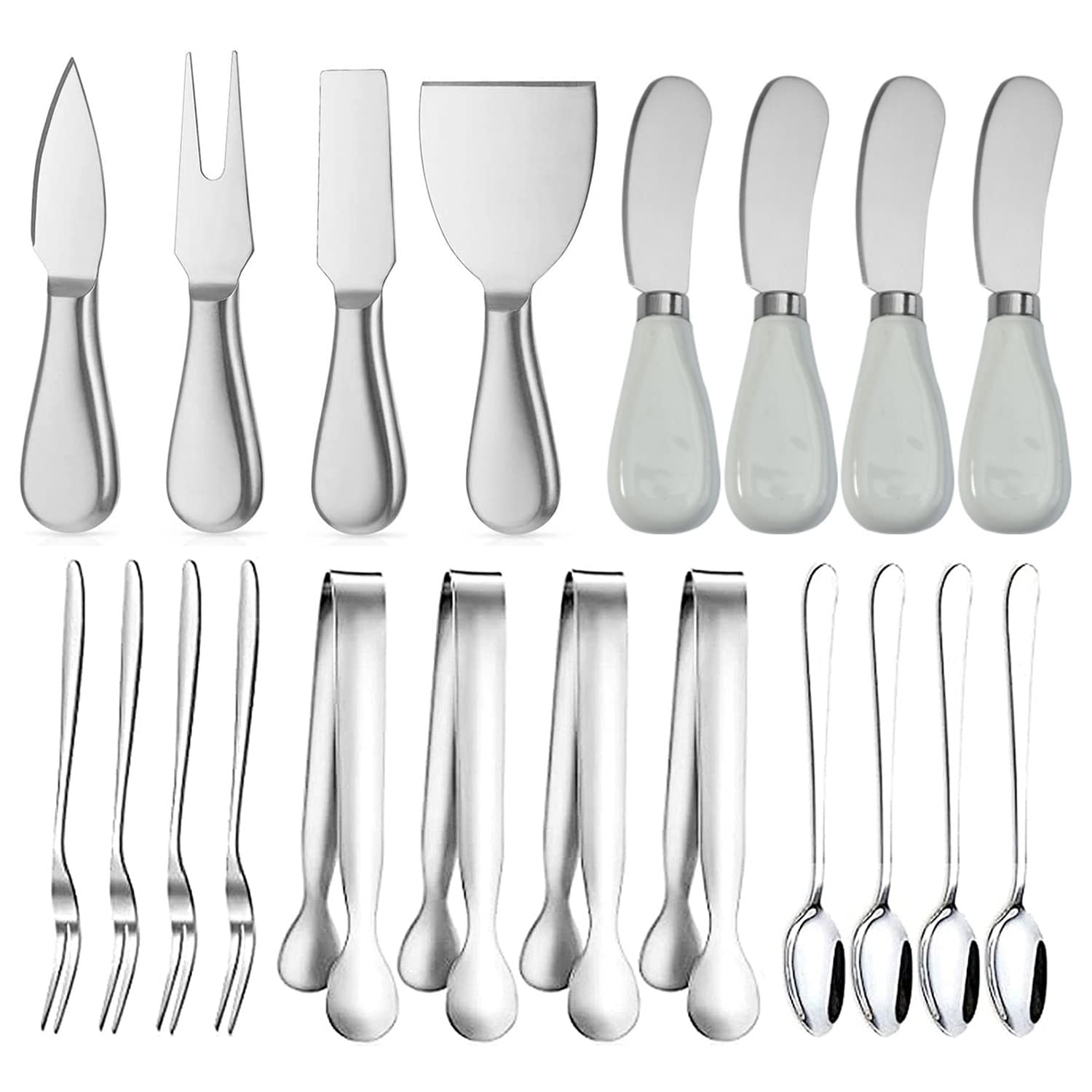20-Piece Stainless Steel Cheese & Butter Spreader Knife Set with Porcelain and Wooden Handles - Mini Serving Utensils for Cheese Boards, Charcuterie, Holiday Parties & Christmas Gifts