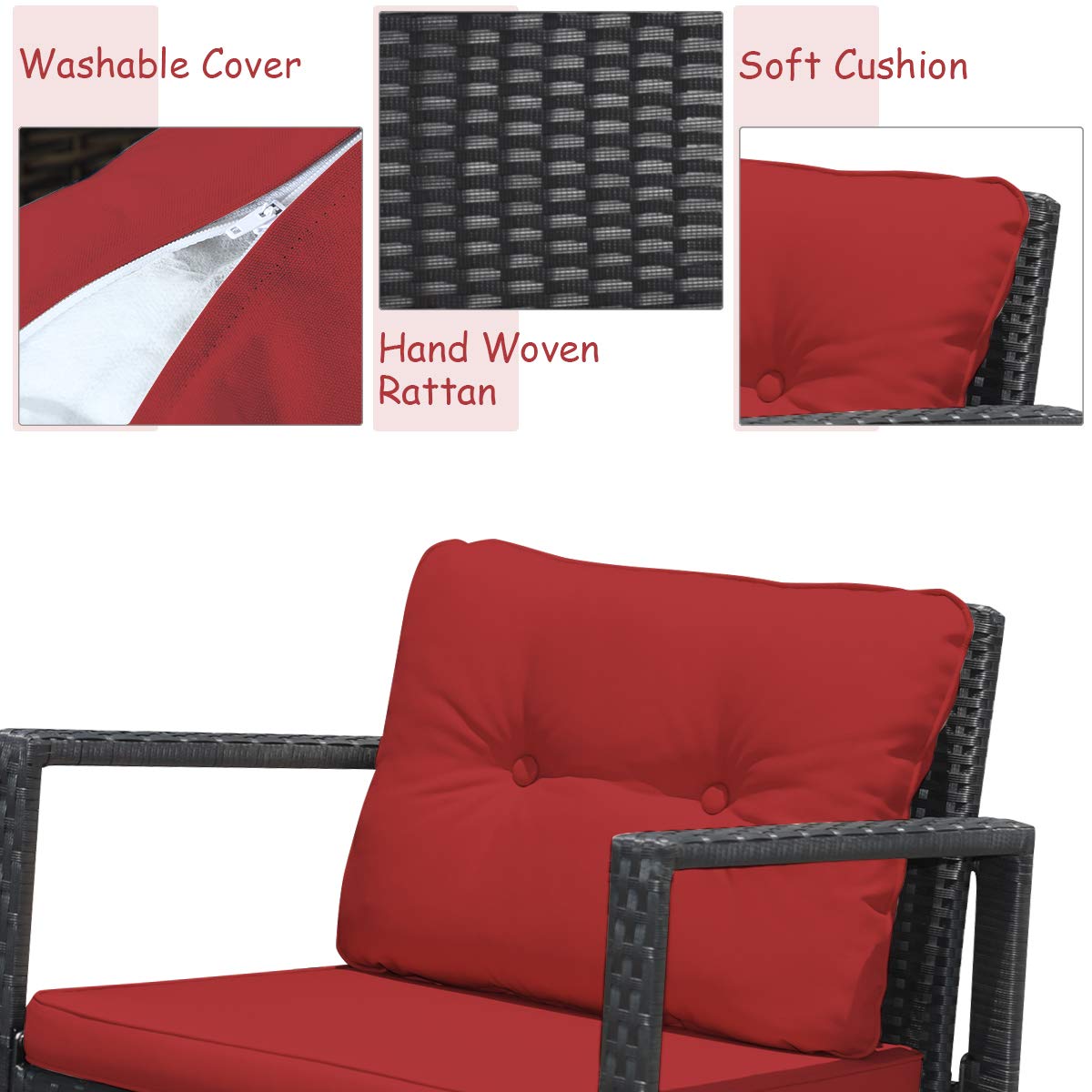 Tangkula 3-Piece Patio Wicker Rocking Bistro Set - Outdoor Rocking Chairs with Cushioned Seats, Glass Coffee Table & Storage Shelf - Red - Perfect for Backyard, Garden, Porch or Balcony Relaxation