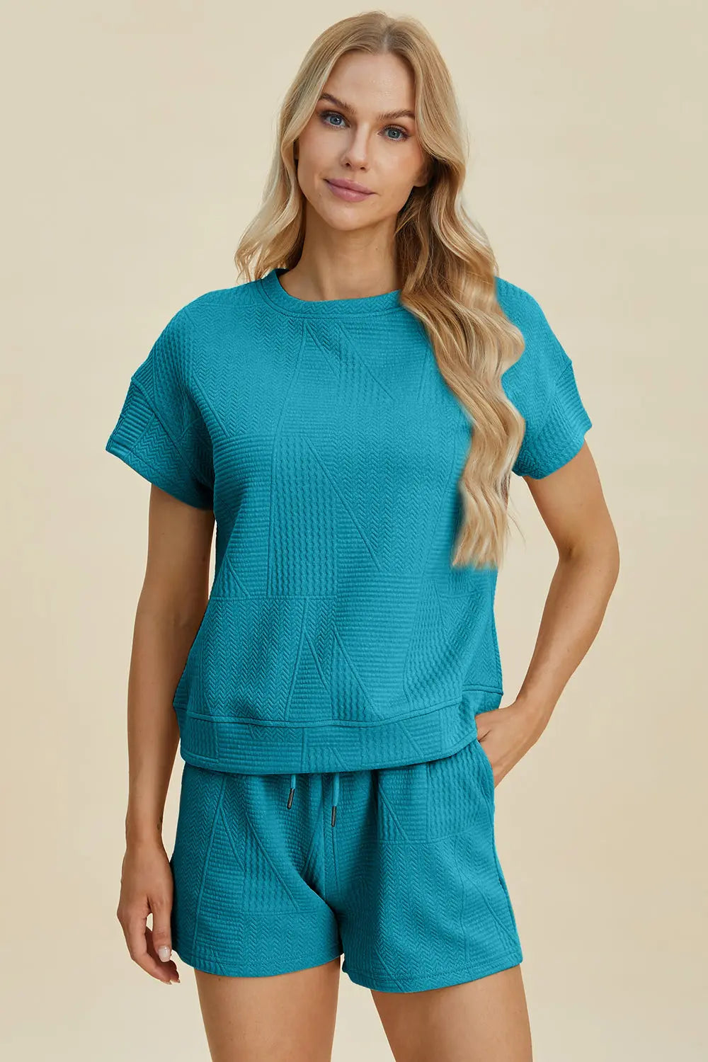 Double Take Full Size Textured Short Sleeve Top & Shorts Set - Women's Casual Summer Outfit for Beach, Yoga & Lounge Wear