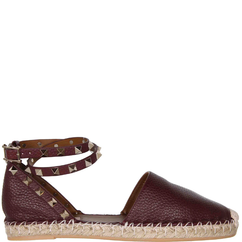 Rockstud Espadrille Ankle Wrap Flat Sandals - Genuine Leather Women's Shoes in Ruby Red | Perfect for Summer Outfits, Beach Vacations & Casual Wear