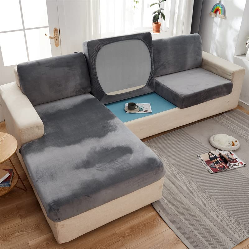 Premium Soft Velvet Stretch Sofa Cushion Cover - Anti-Slip Furniture Protector for Sectional, L-Shaped & Regular Couches (Grey, Medium Back Cover) | Home Decor, Living Room Upgrade, Pet-Friendly Sofa Protection