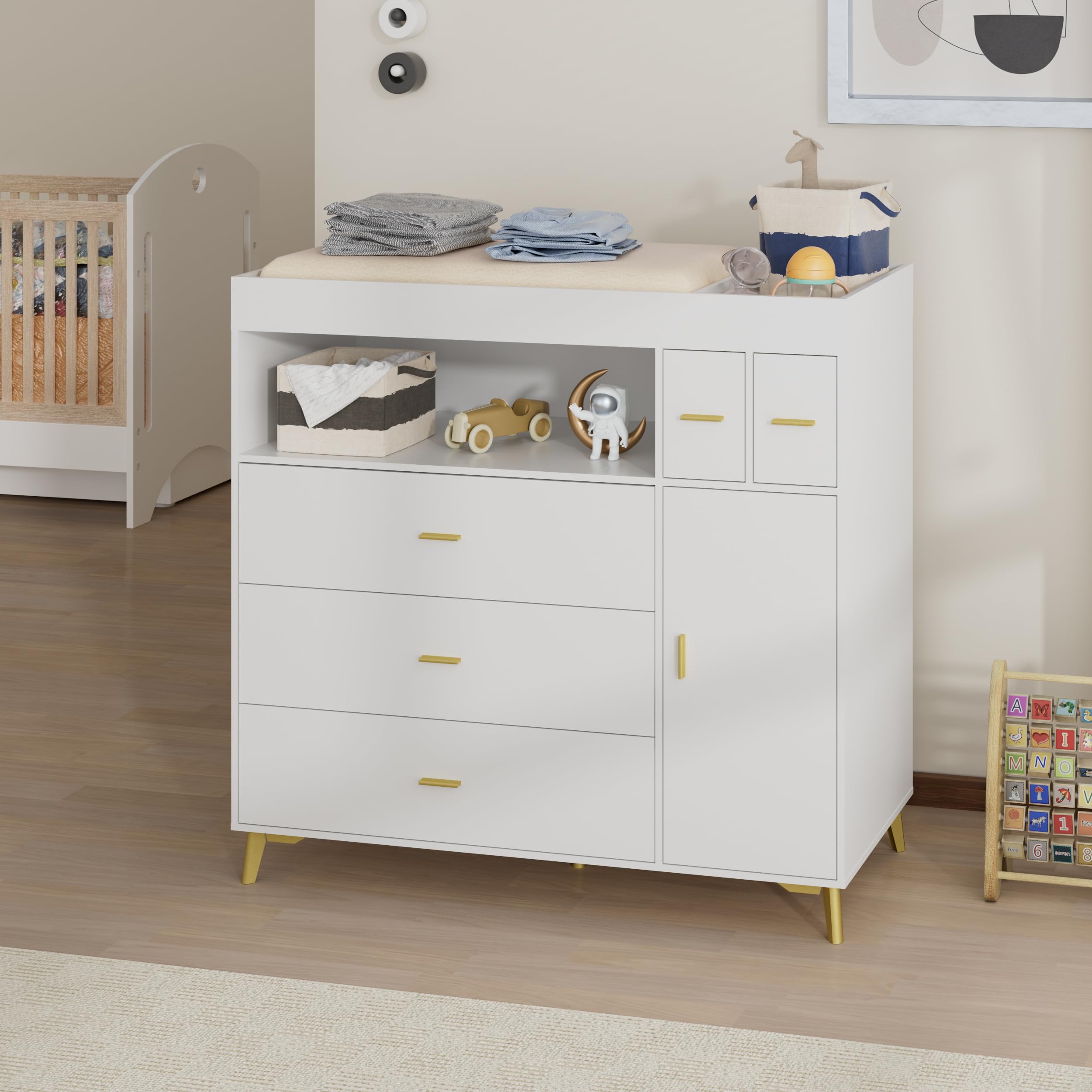 PAKASEPT Baby Changing Table with 5 Drawers & Storage Cabinet - Nursery Dresser for Diaper Changing Station - Perfect for Newborn Care & Toddler Organization