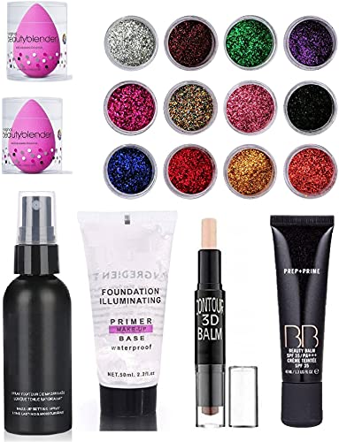SHENY Face Makeup Combo Kit - 1 Primer, 1 Setting Spray, 1 Contour Stick, 2 Beauty Blenders, 1 BB Cream Foundation, 12 Color Glitter Set - Perfect for Full Face Makeup, Contouring & Glam Looks