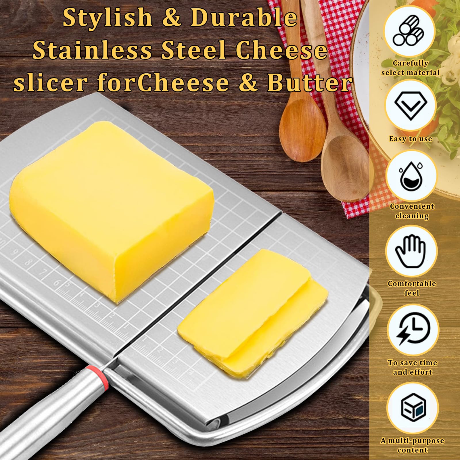 Premium Stainless Steel Cheese Slicer & Cutter - Multi-Functional Kitchen Tool for Block Cheese, Butter & Vegetables with Precise Measurement Scale | Perfect for Charcuterie Boards, Party Platters & Gourmet Cooking