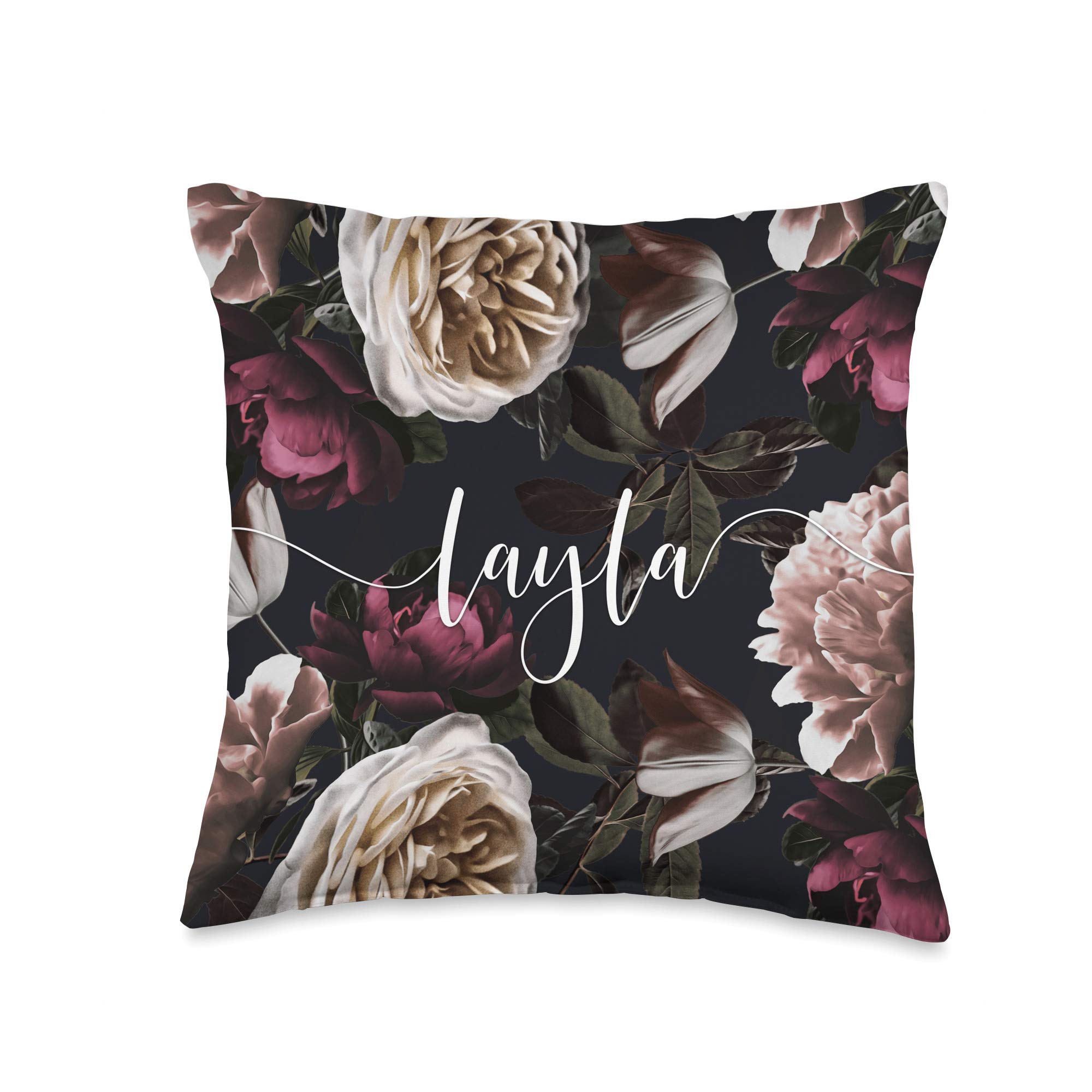 Layla - Elegant Floral Rose & Peony Personalized Name Throw Pillow - Perfect for Home Decor, Bedroom, Living Room & Gift Giving