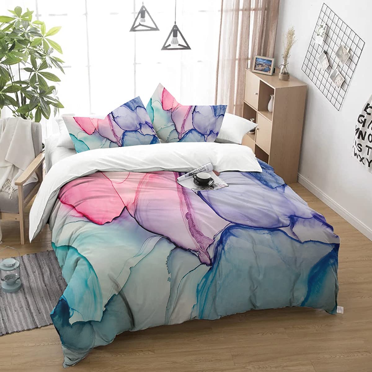Blue Pink Marble Bedding Set - Watercolor Kids Duvet Cover with Comforter & Pillowcases - Twin Size 20