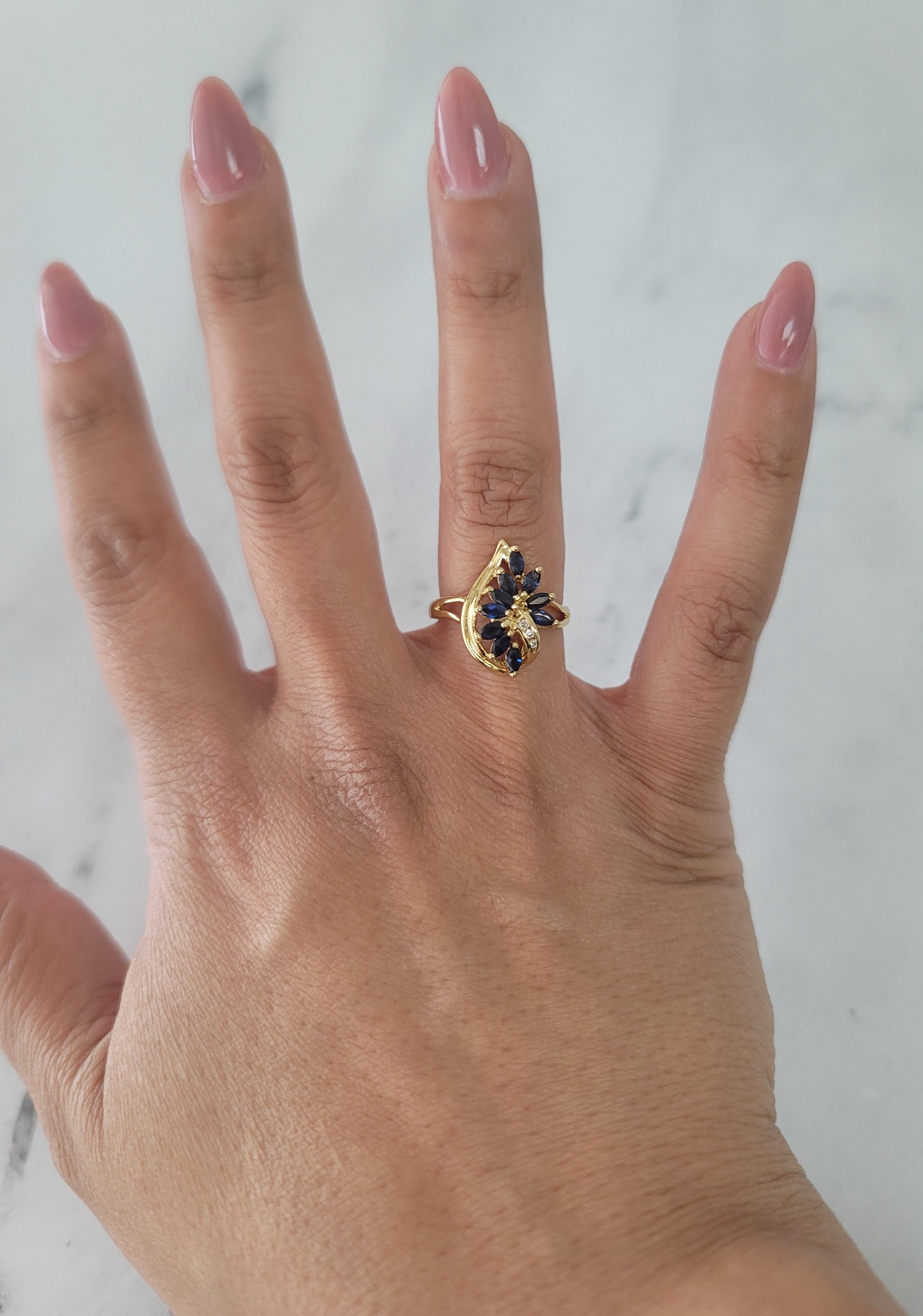 1 Carat Marquise Cut Sapphire & Diamond Cluster Ring in 14K Yellow Gold - Elegant Engagement, Anniversary or Gift Jewelry for Women
