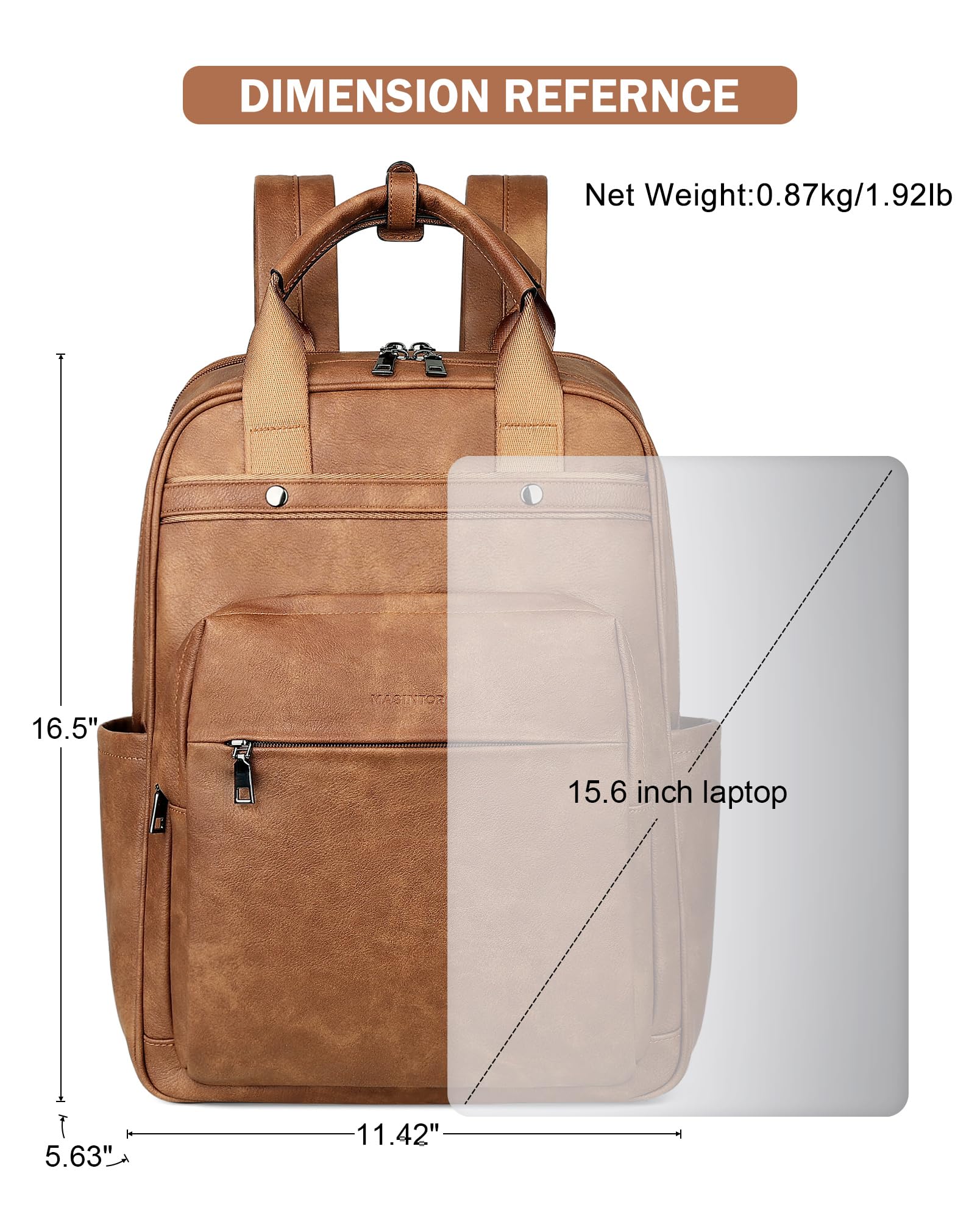 MASINTOR Genuine Leather Laptop Backpack for Women - 15.6 Inch Stylish Business Backpack with USB Charging Port - Perfect for College, Work & Travel (Mocha Brown) - Ideal for Office Commute, Business Trips & Daily Use