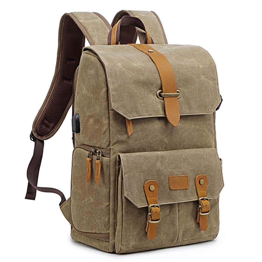 SYF&DJN Vintage Batik Canvas & Leather DSLR Camera Backpack - Durable Travel Photography Bag for Nikon Canon Sony Cameras - Perfect for Outdoor Adventures, Hiking & Photo Shoots (Khaki)