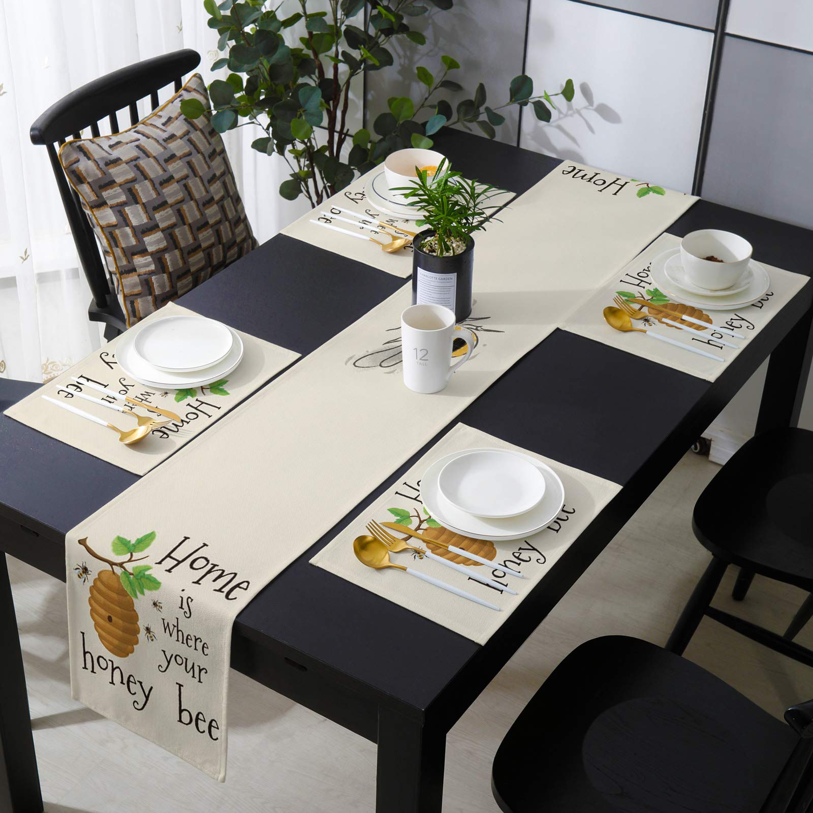 PIEPLE 7-Piece Table Runner Set with 6 Matching Placemats - 90 Inch Farmhouse Style Table Decor for Indoor/Outdoor Dining - Vintage Honey Bee Theme - Machine Washable for Summer Parties & Farmhouse Weddings