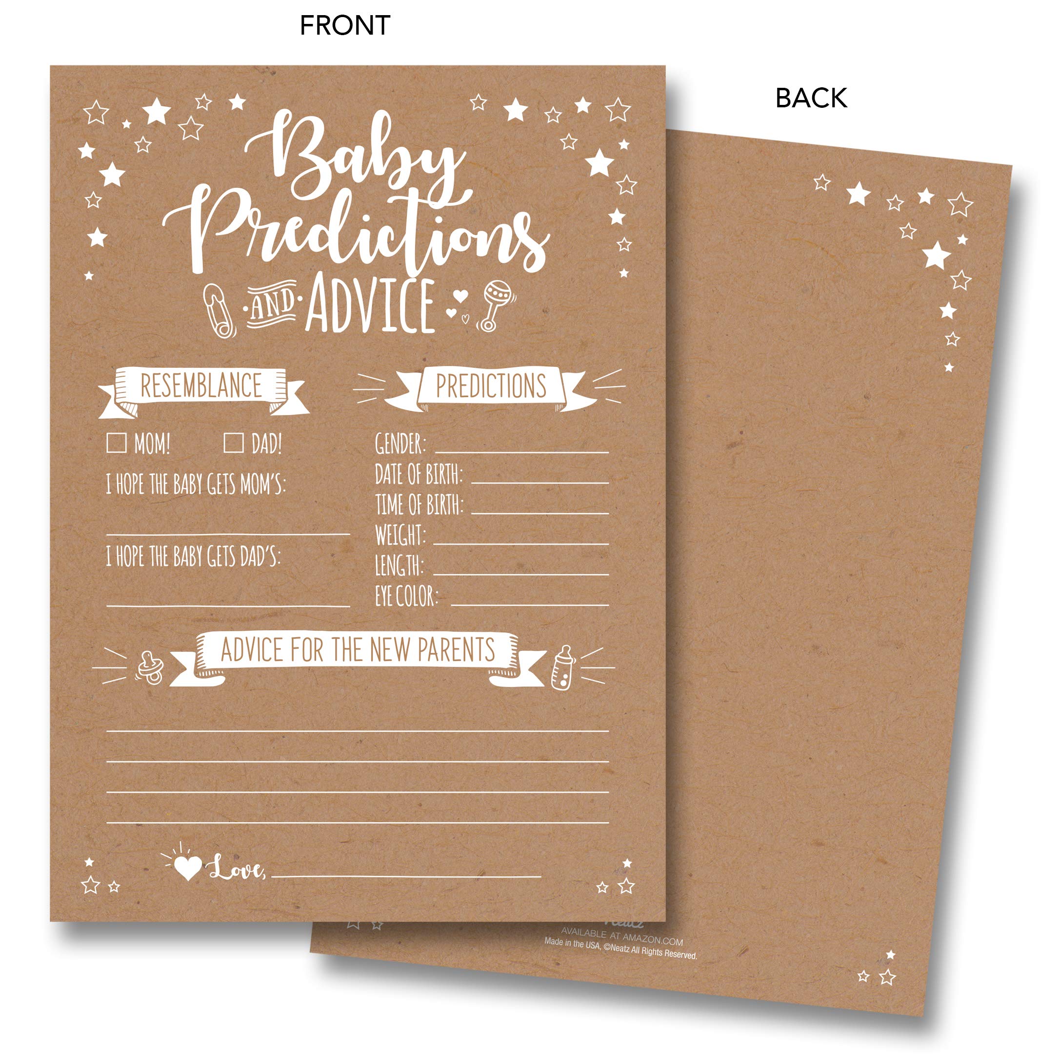 Neatz 50 Rustic Baby Shower Prediction & Advice Cards - Gender Neutral for Boys or Girls | Baby Shower Games, Decorations & Party Favors | Perfect for Baby Showers, Gender Reveals & New Parent Celebrations