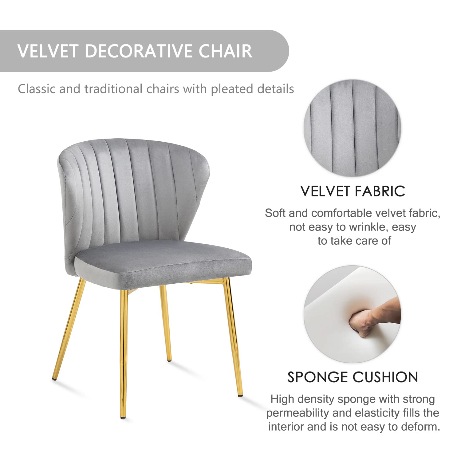 Luxury Nrizc Velvet Upholstered Dining Chairs Set of 4 - Mid Century Modern Design with Golden Metal Legs for Dining Room, Kitchen & Living Room - Soft Grey Fabric - Perfect for Family Dinners, Entertaining Guests & Home Decor